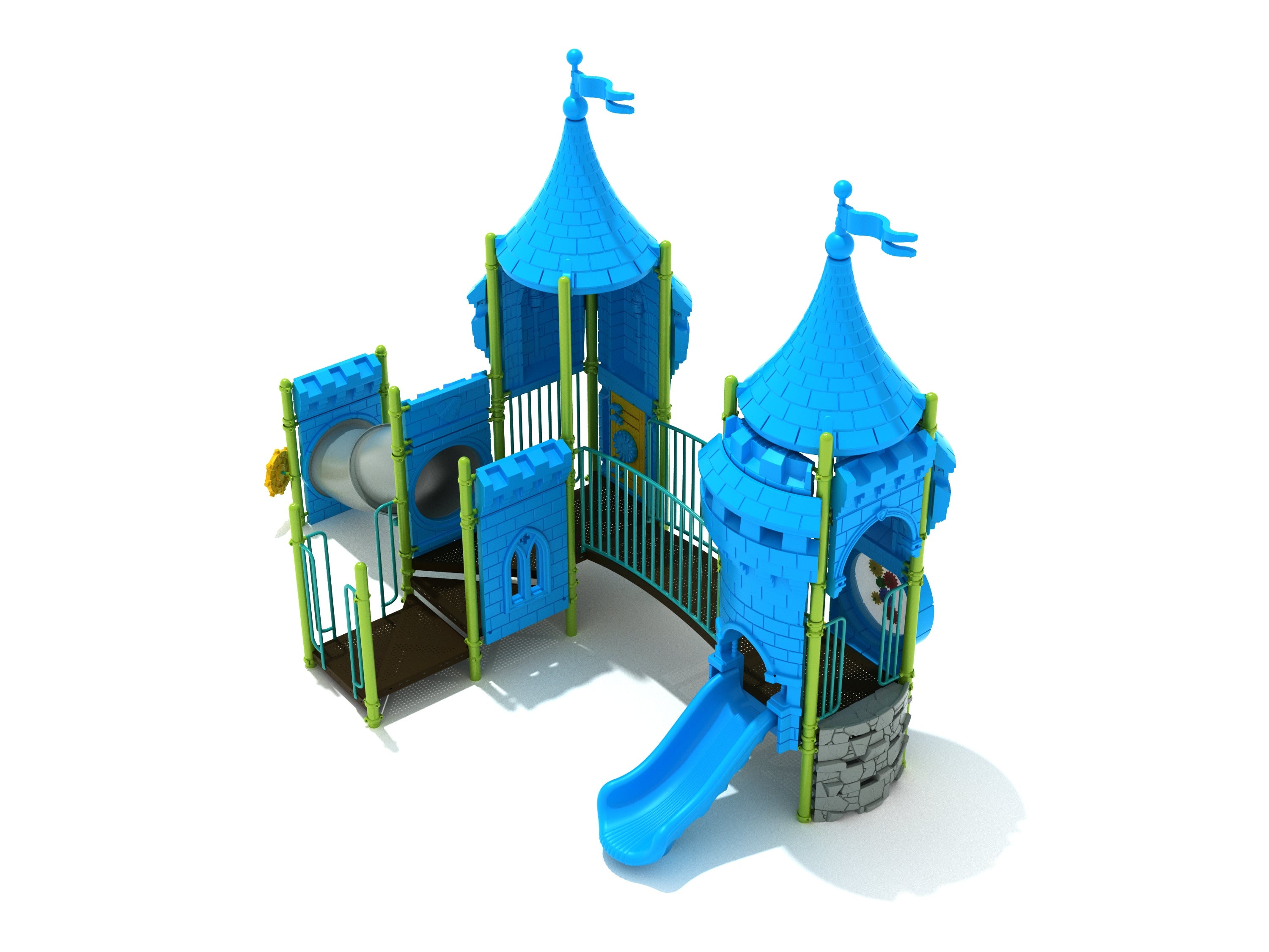 Castle-themed blue and green playground with two turrets, slide, tube tunnel, and connecting bridge for active play and imagination.