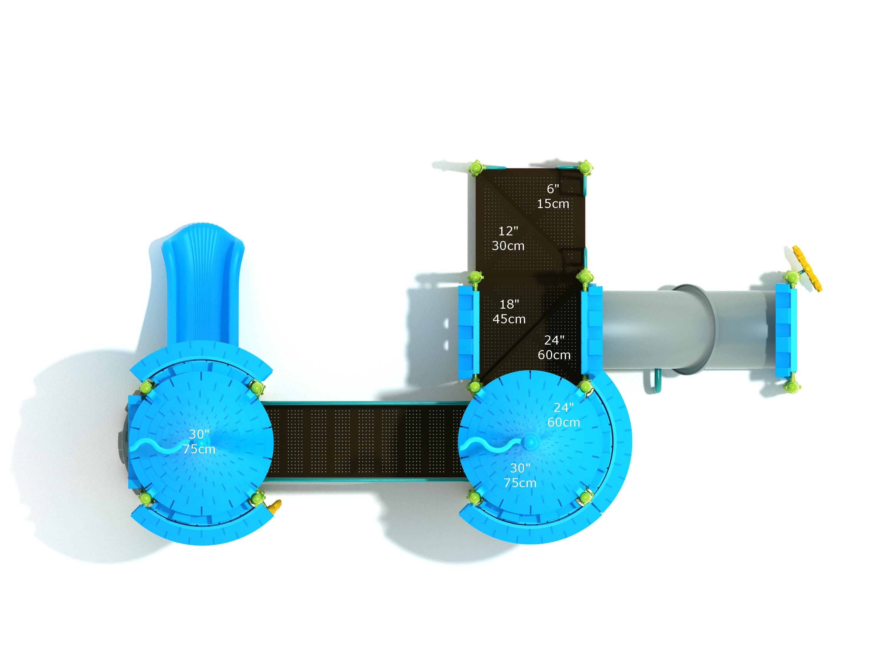 Overhead view of a blue and black castle-themed playground with circular platforms, slide, tube bridge, and interactive play panels