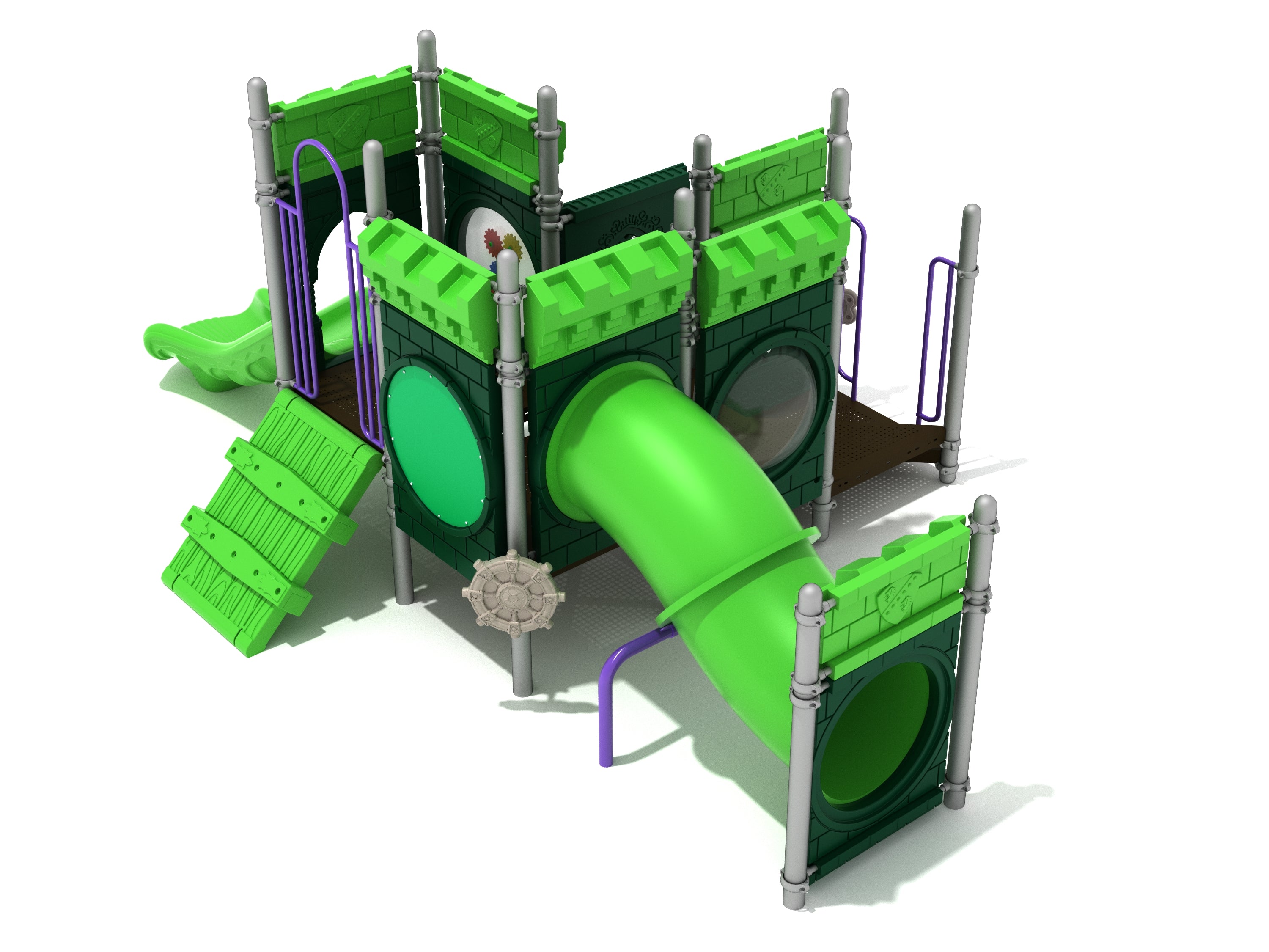 Teetotum Turret Playground with castle-themed green and purple structure, slide, climbing ramp, and interactive gear panel
