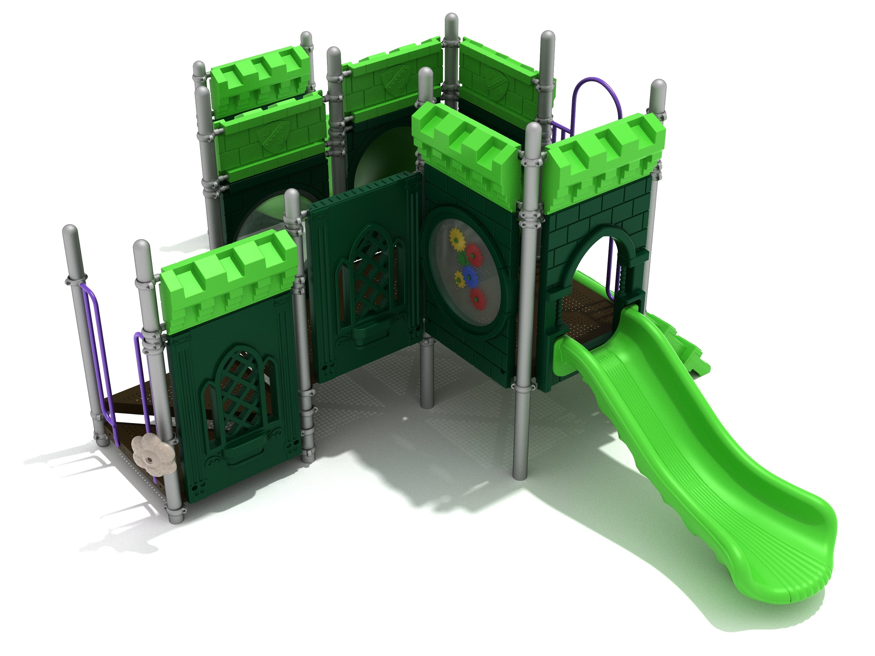 Compact castle-themed playground with green slide, gear panel, rain wheel, and ship wheel for toddlers and early learners