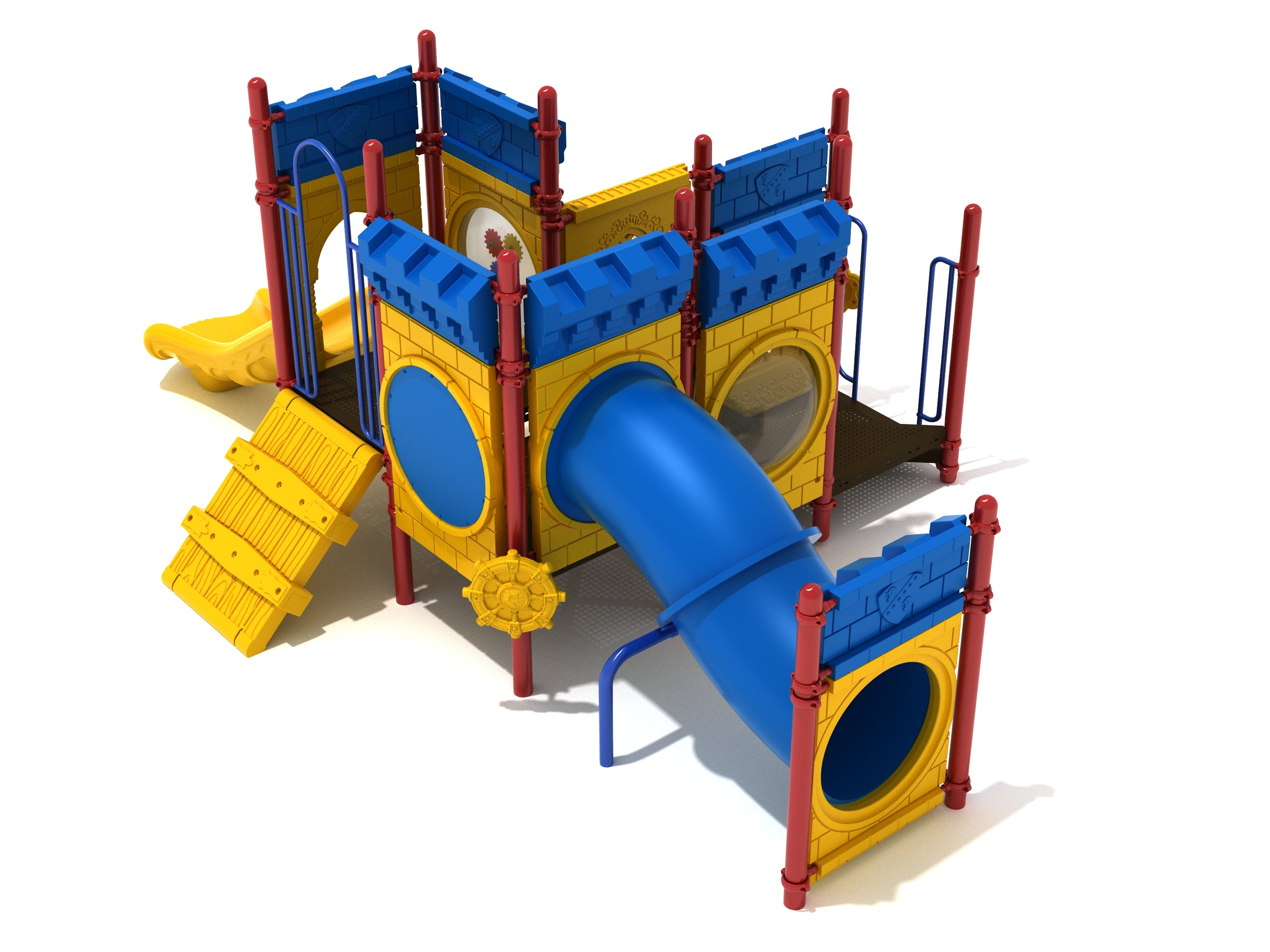 Castle-themed toddler playground with blue tube slide, yellow climbing ramp, interactive gear panel, and steering wheels.