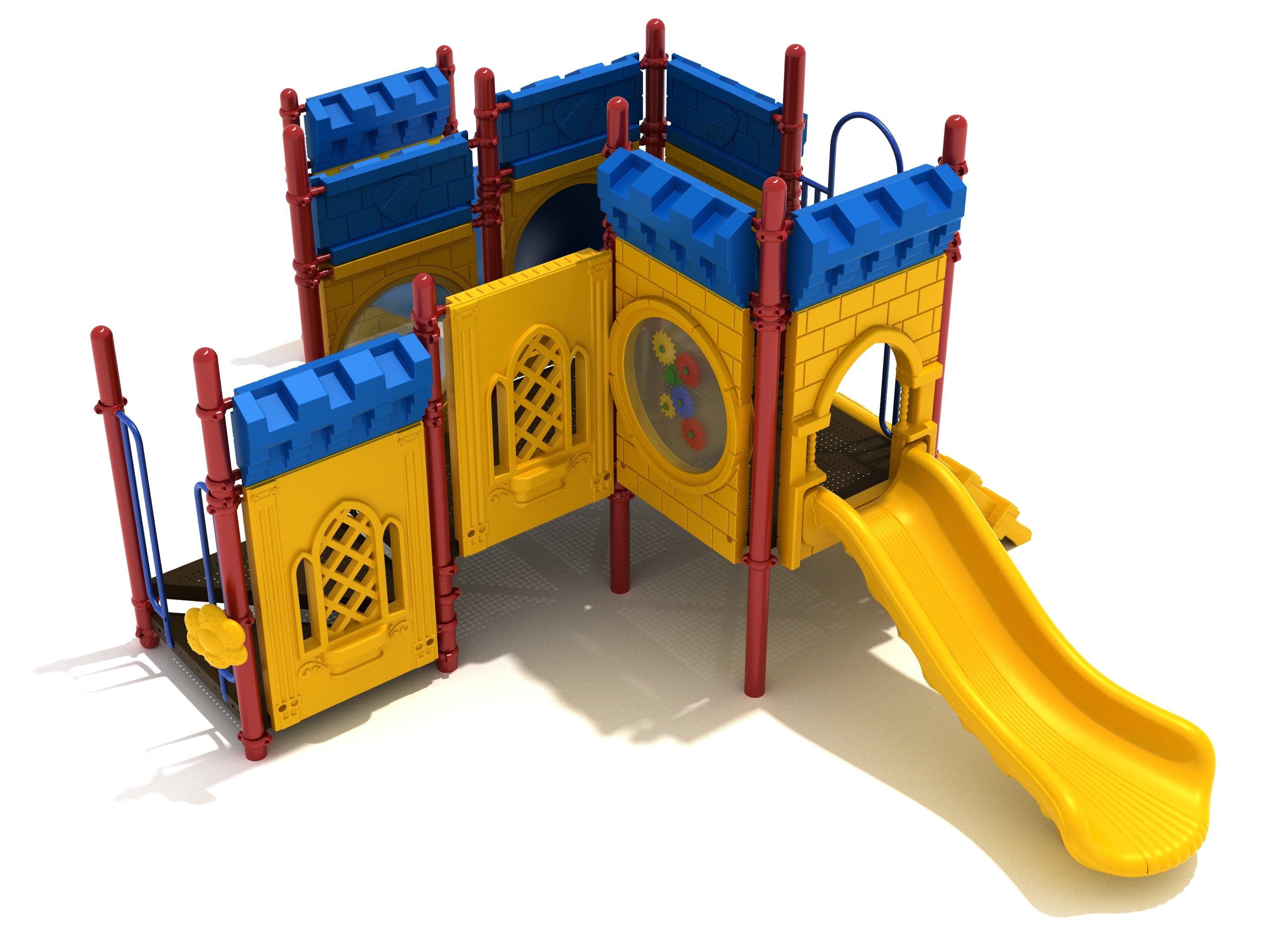 Castle-themed toddler playground with yellow slide, blue turret tops, interactive gear panel, and red support posts
