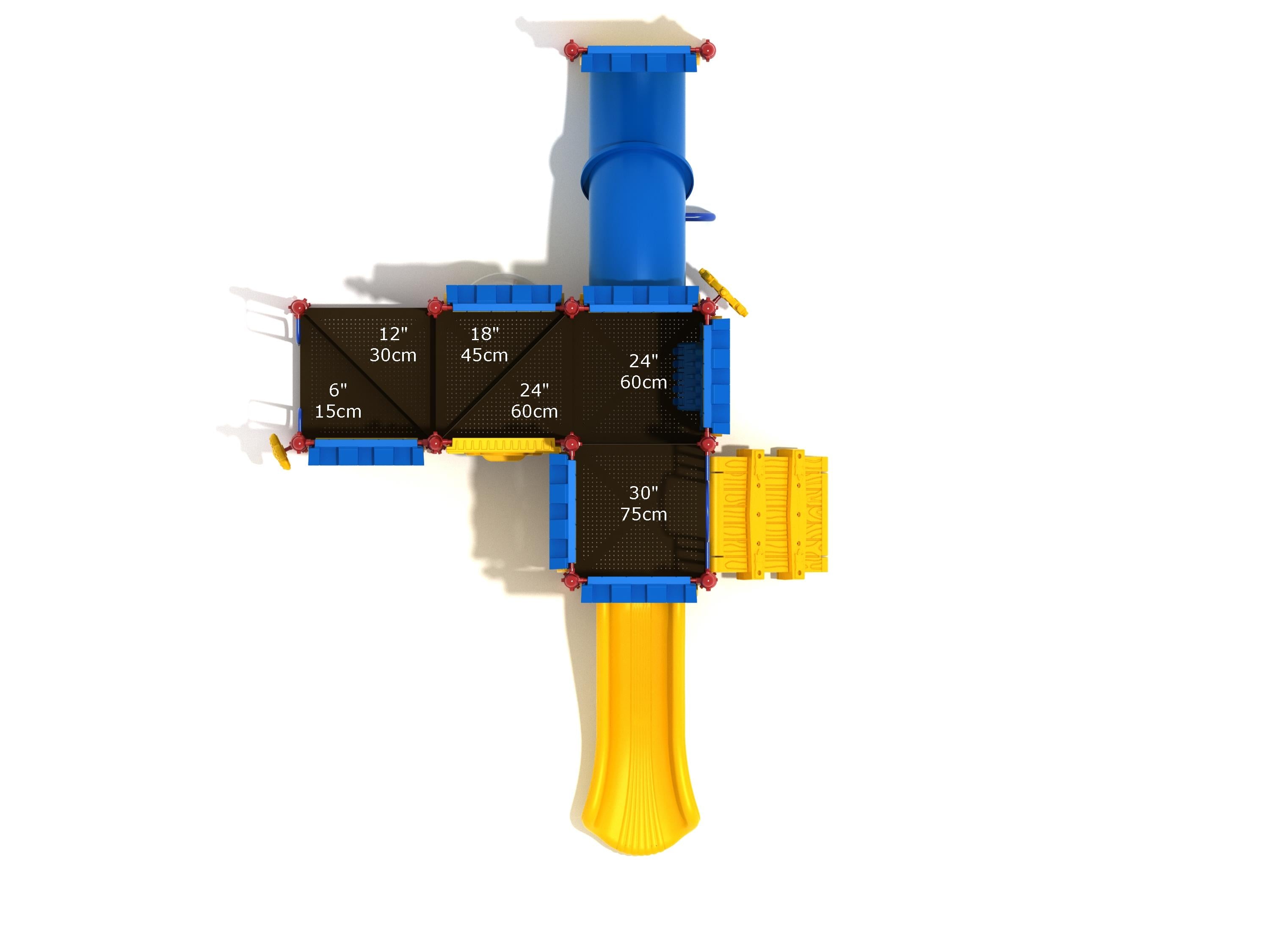 Overhead view of colorful castle-themed playground with blue turrets, yellow slide, interactive gear and ship wheels, and play panels