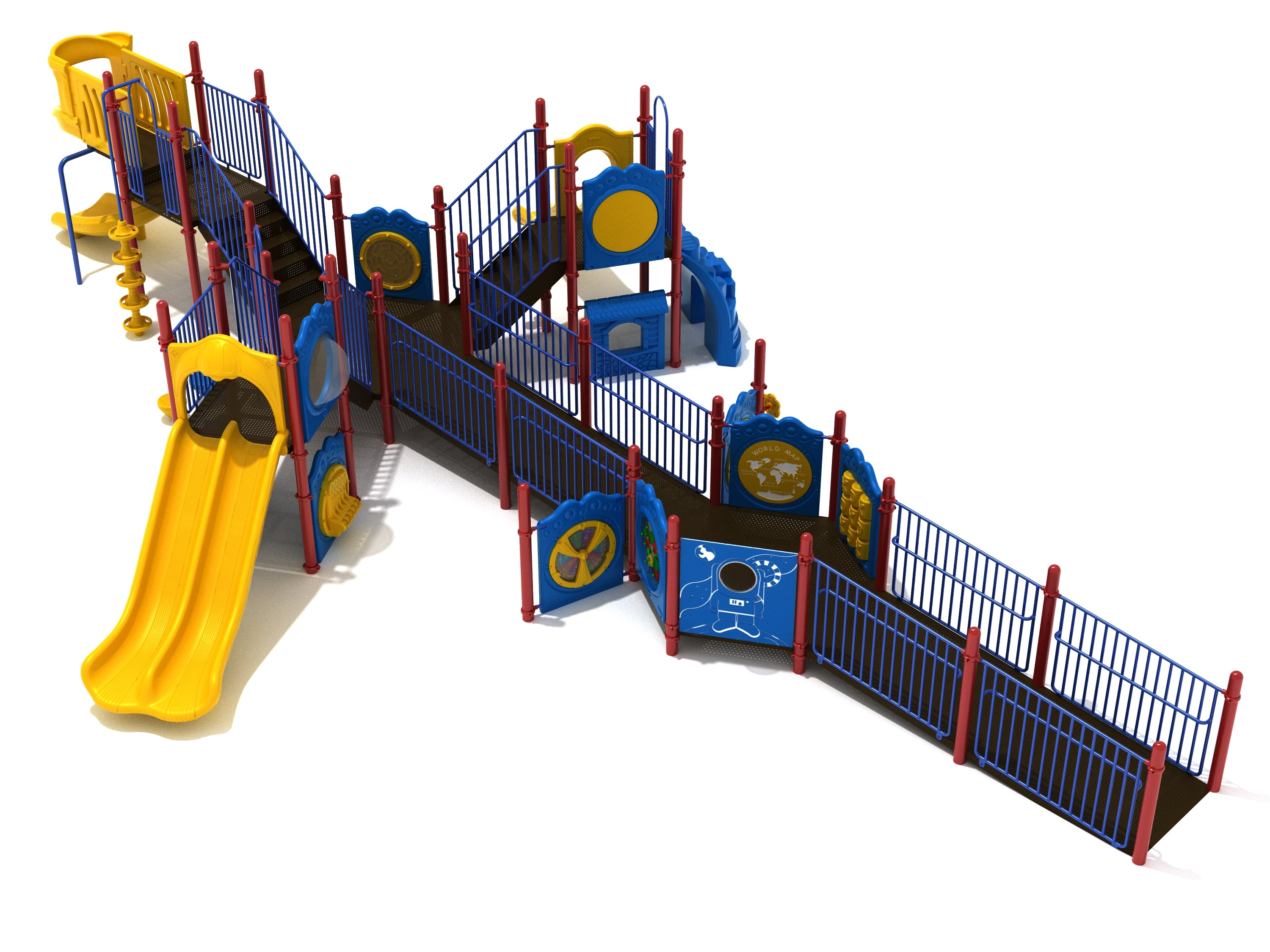 Bowling Berm Playground with accessible ramp, yellow slides, blue and red railings, and interactive activity panels