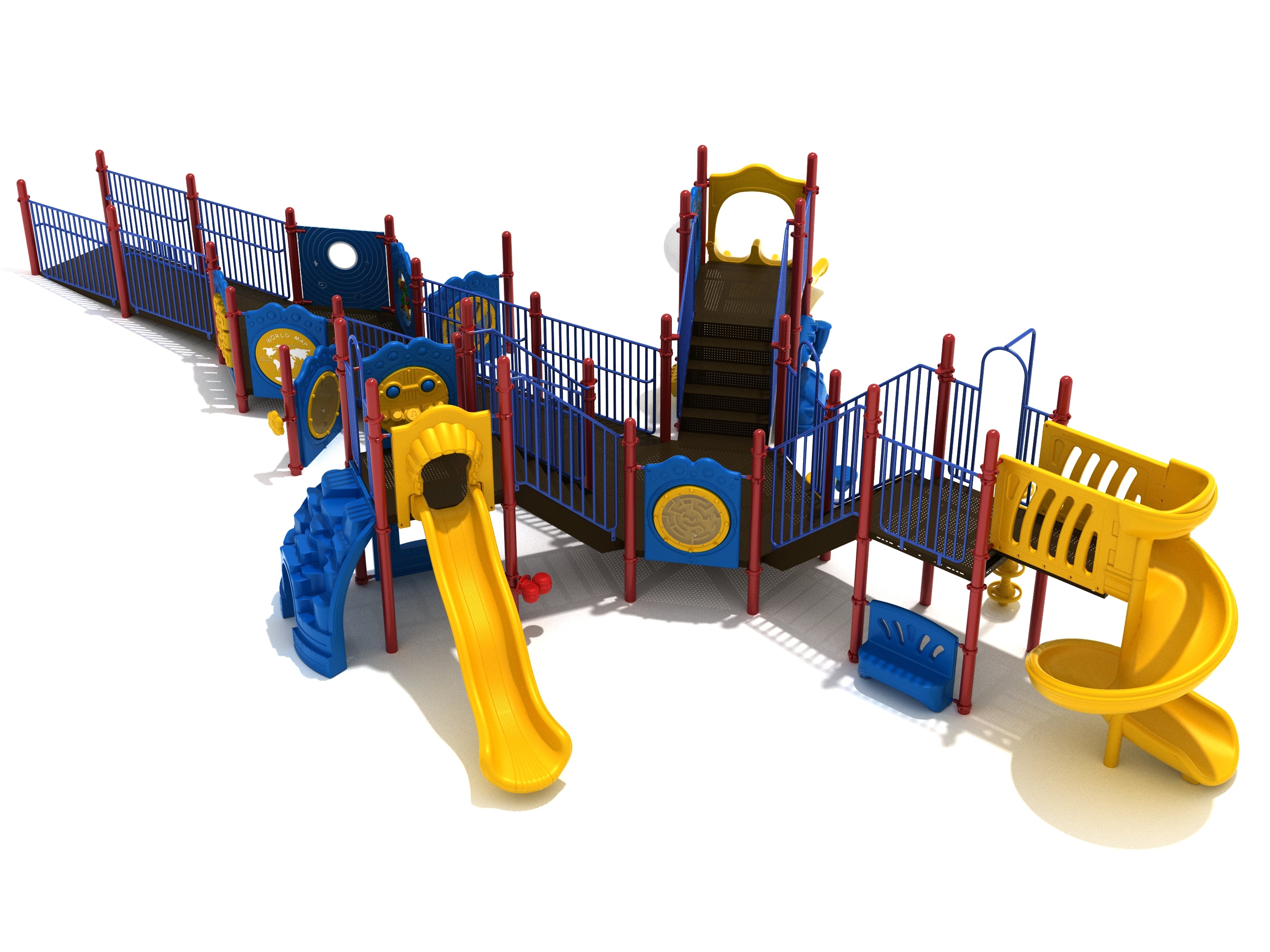 Colorful inclusive playground with wheelchair ramp, multiple slides, climbers, and interactive activity panels for all abilities