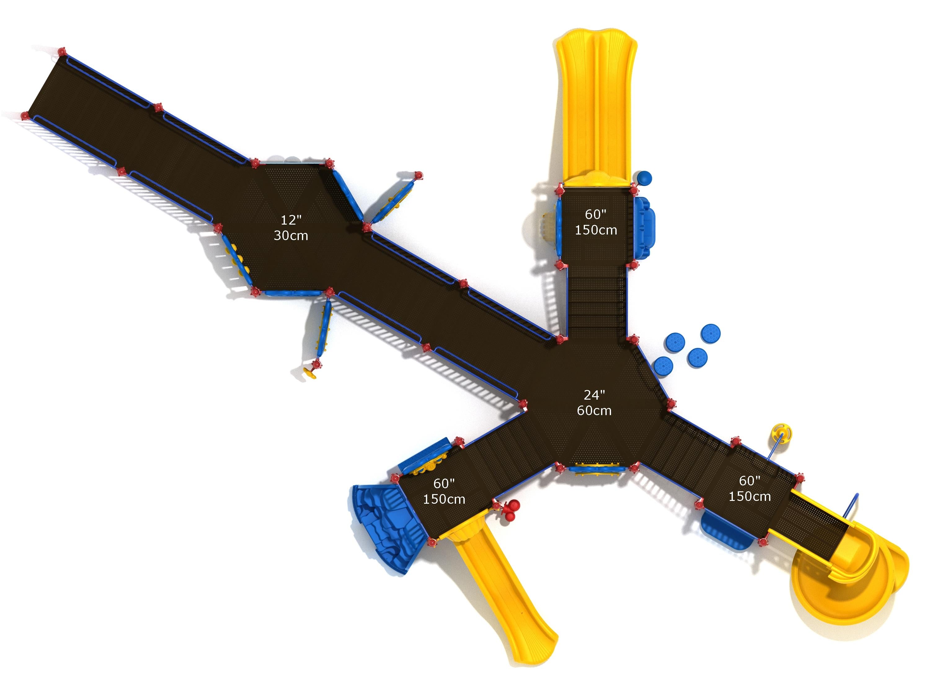 Overhead view of an accessible playground with yellow slides, blue climbers, brown platforms, and safety rails