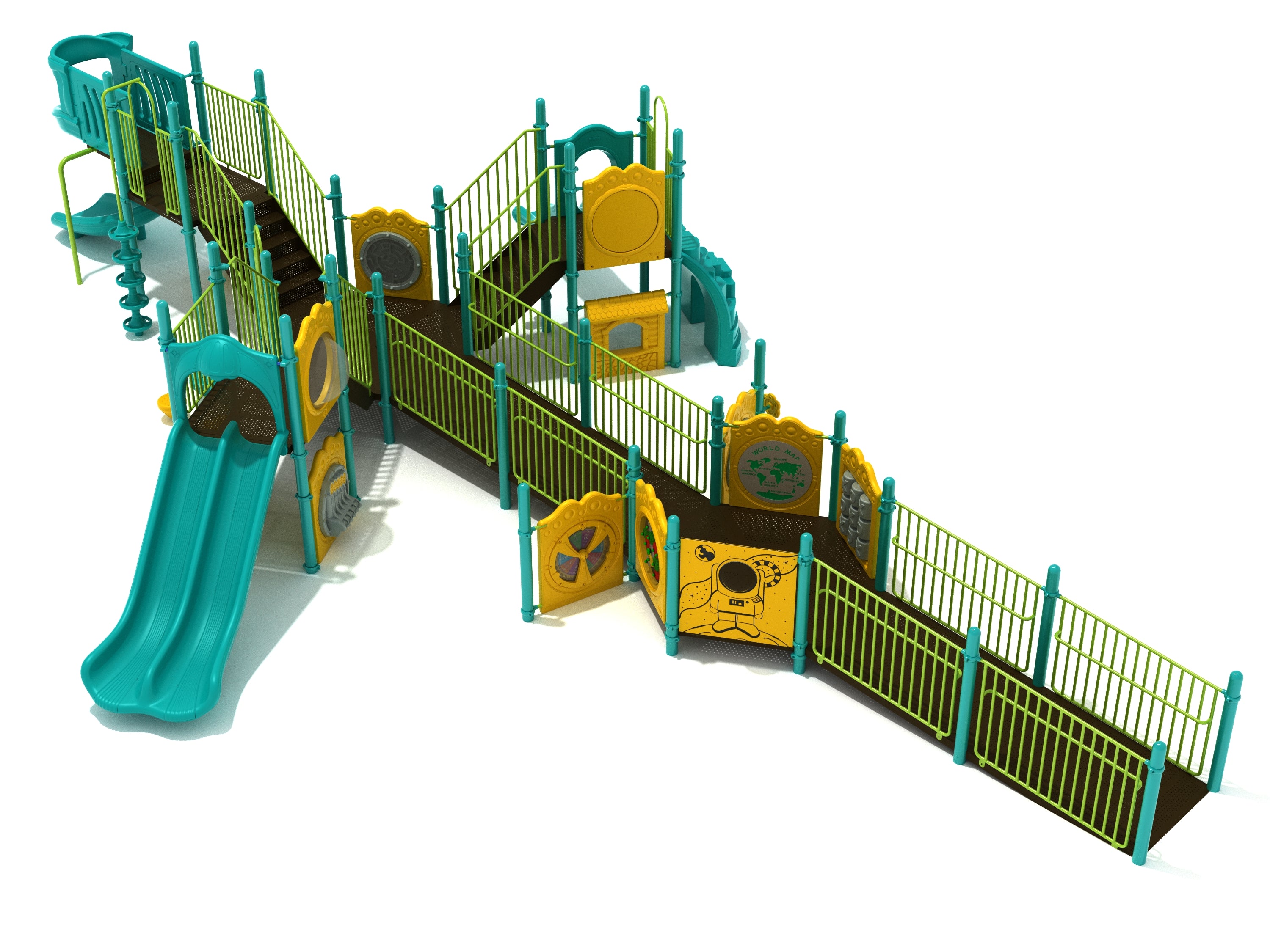 Inclusive playground structure with wheelchair ramp, dual slides, activity panels, climbers, and teal and yellow safety railings