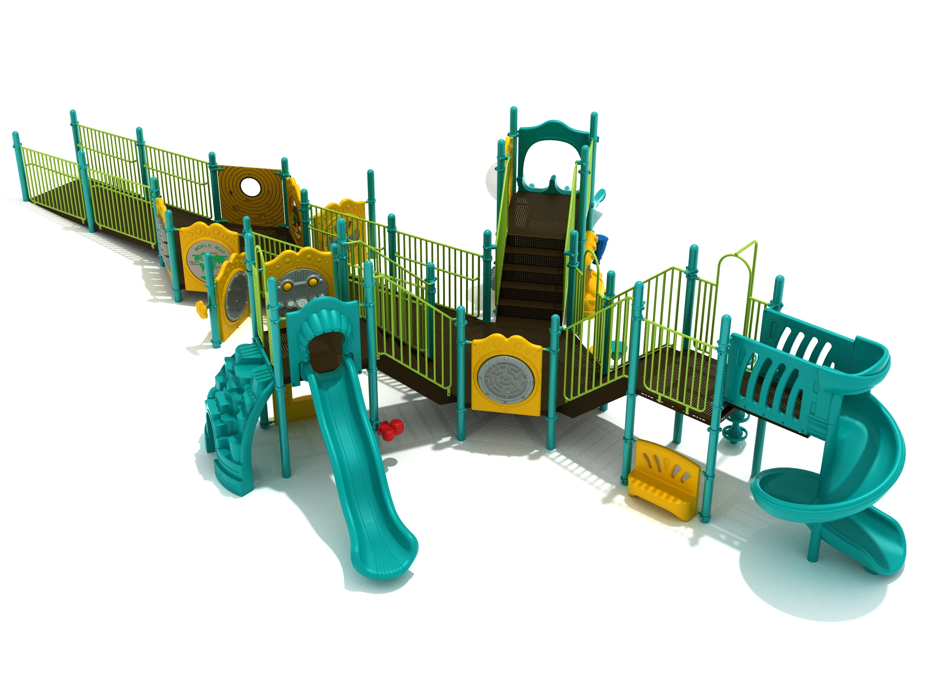 Inclusive playground structure with teal slides, yellow activity panels, climbers, and wheelchair-accessible ramps for all abilities.