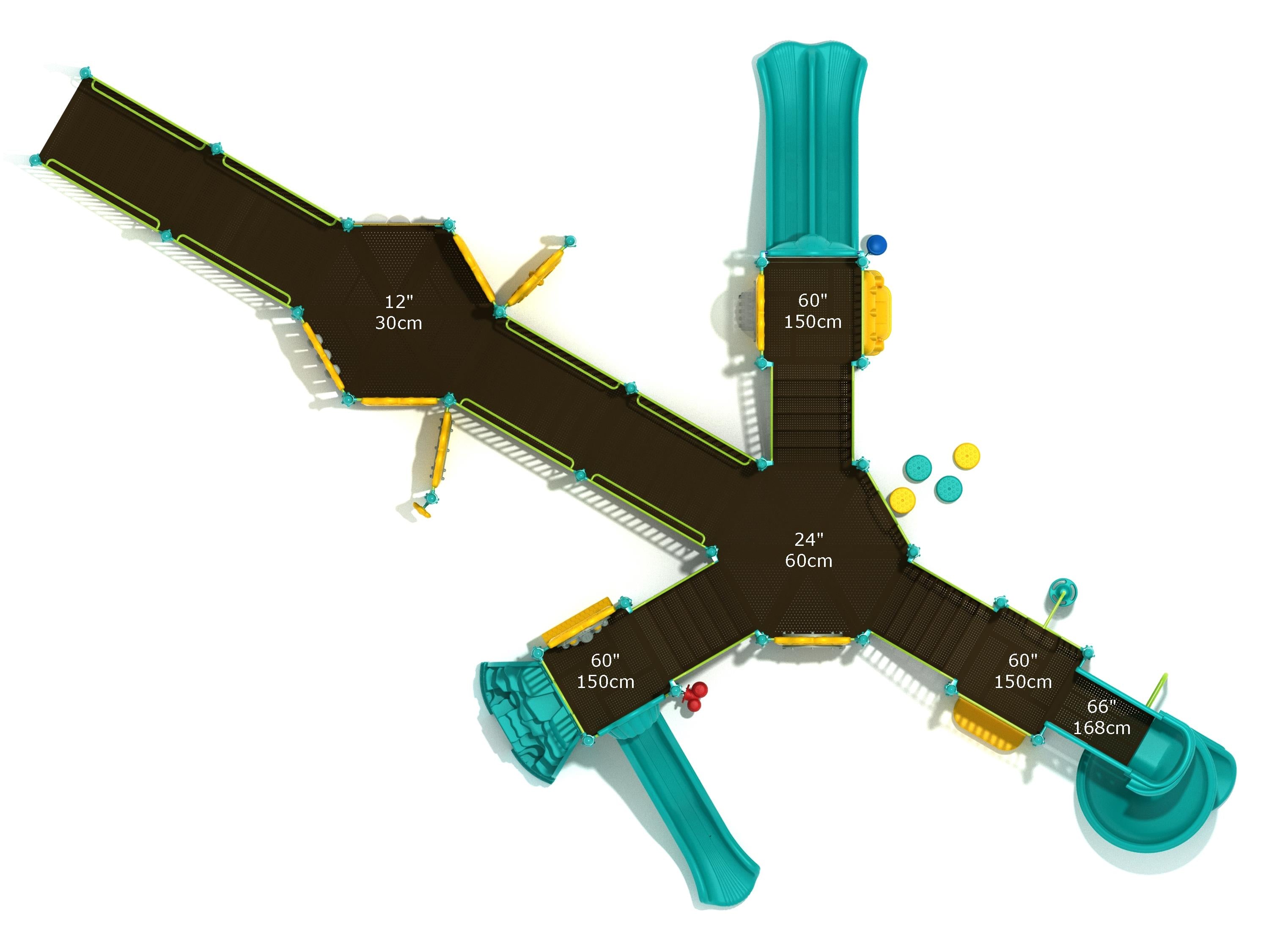Overhead view of inclusive playground with multiple slides, ramps, climbers, and activity panels in teal and yellow