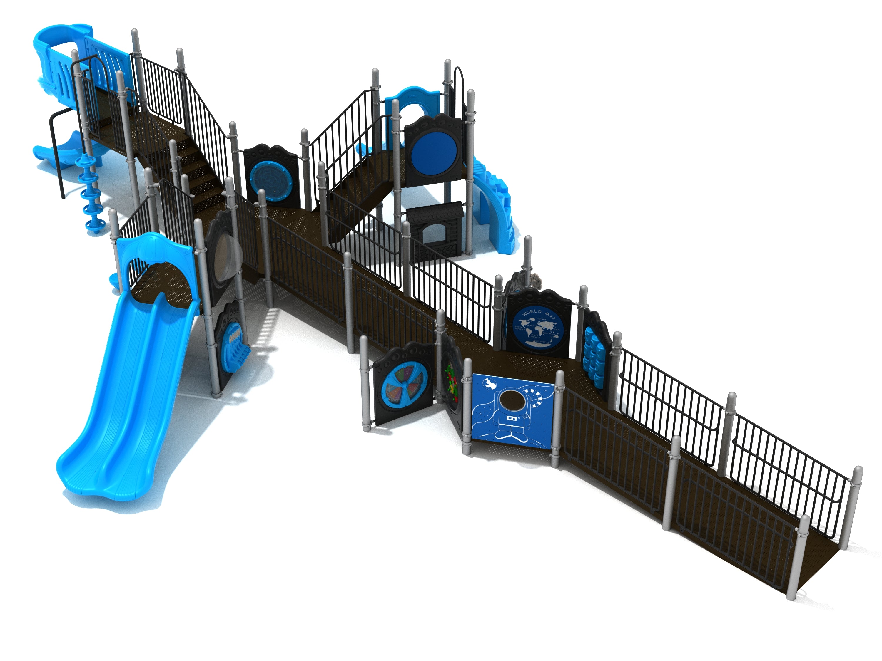 Accessible playground structure with blue slides, ramps, climbers, and activity panels featuring world map and space-themed figures