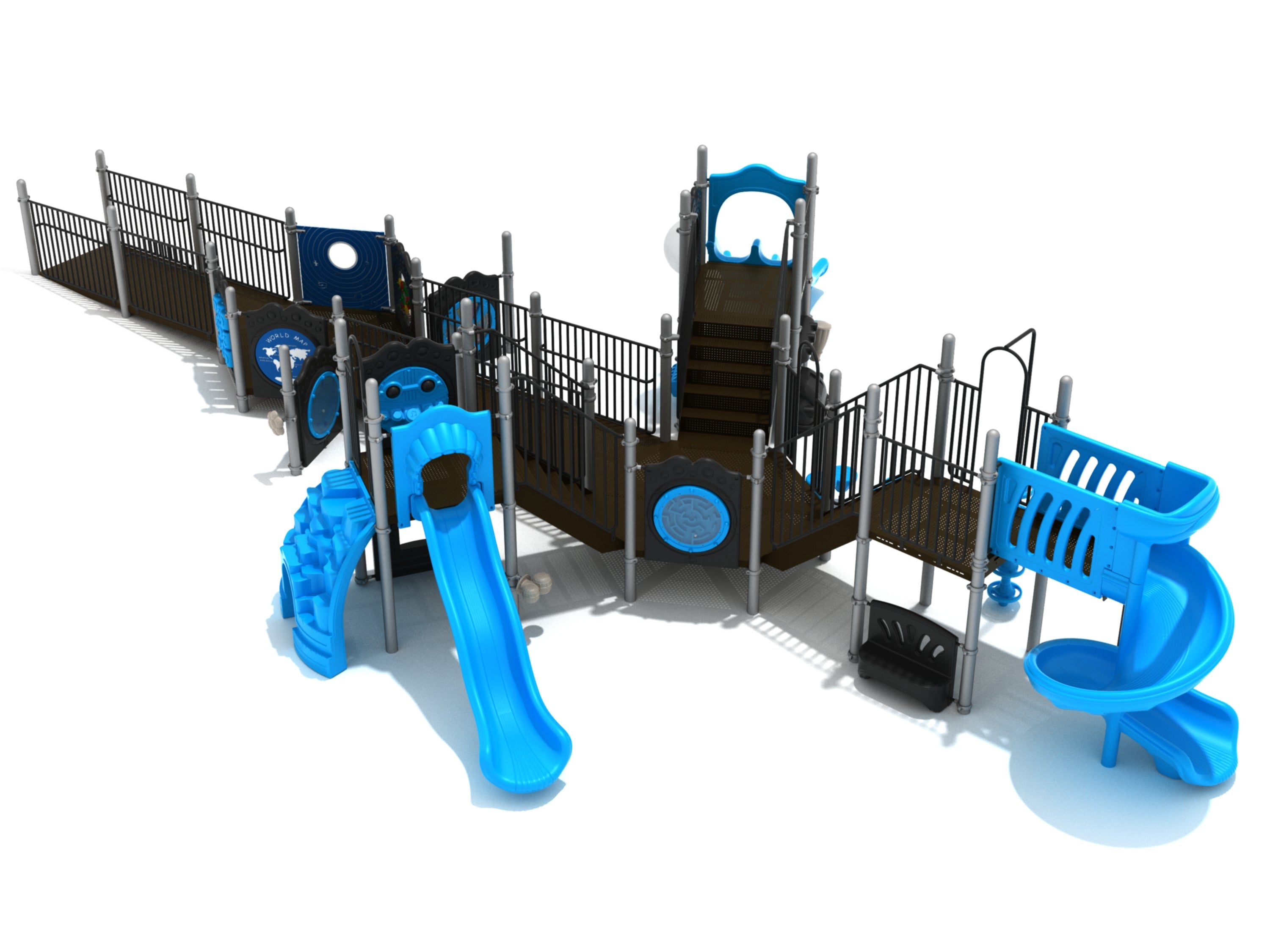 Inclusive playground structure with blue slides, climbing features, activity panels, and wheelchair-accessible ramps.