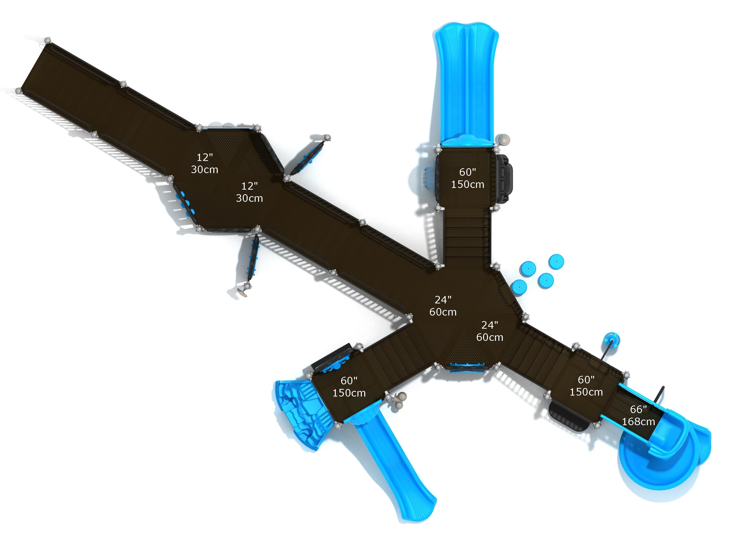 Overhead view of an inclusive playground with multiple blue slides, ramps, and accessible activity panels for all abilities