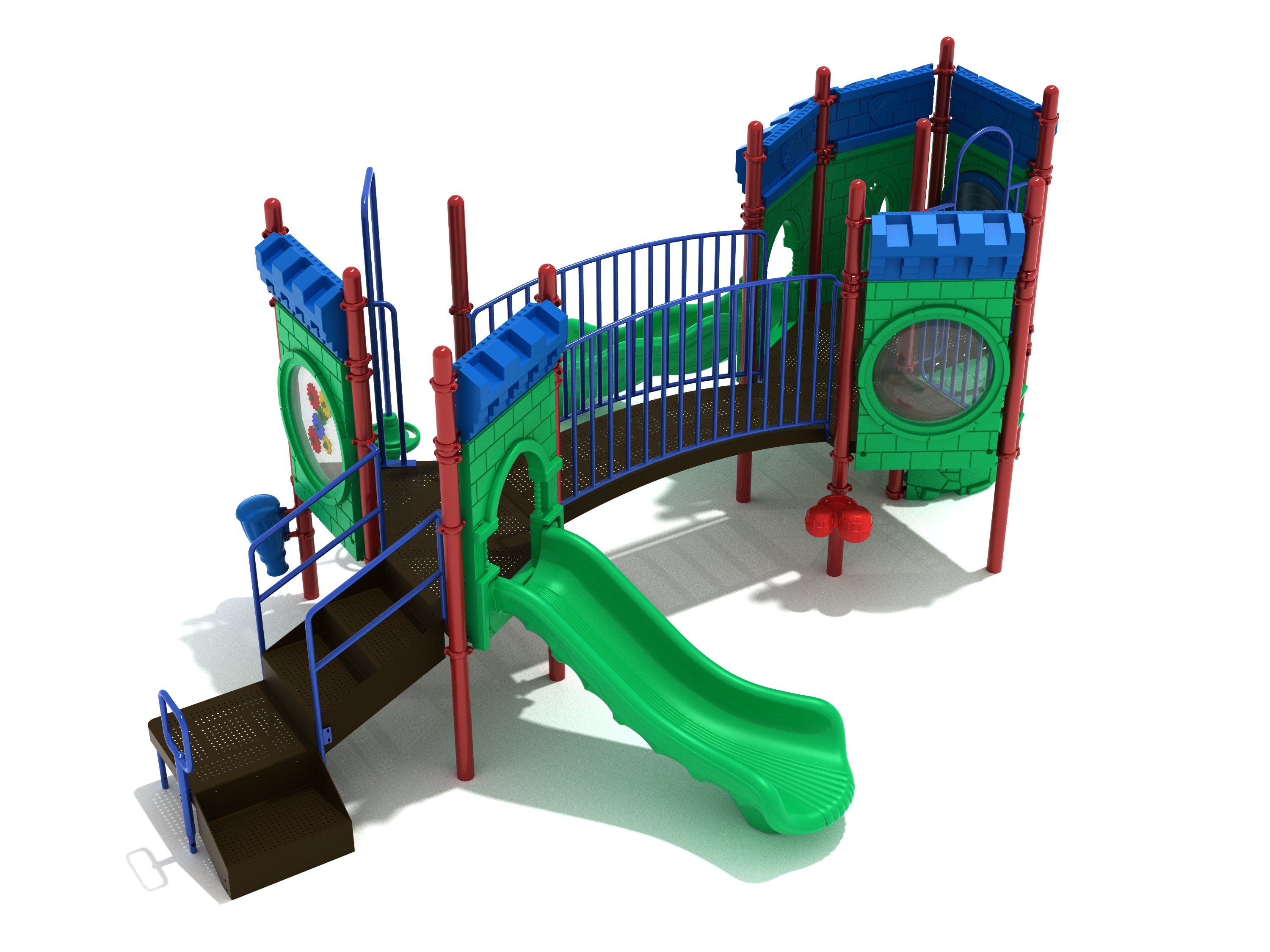 Castle-themed playground with green slide, blue railings, red posts, interactive panels, drum and rain wheel features