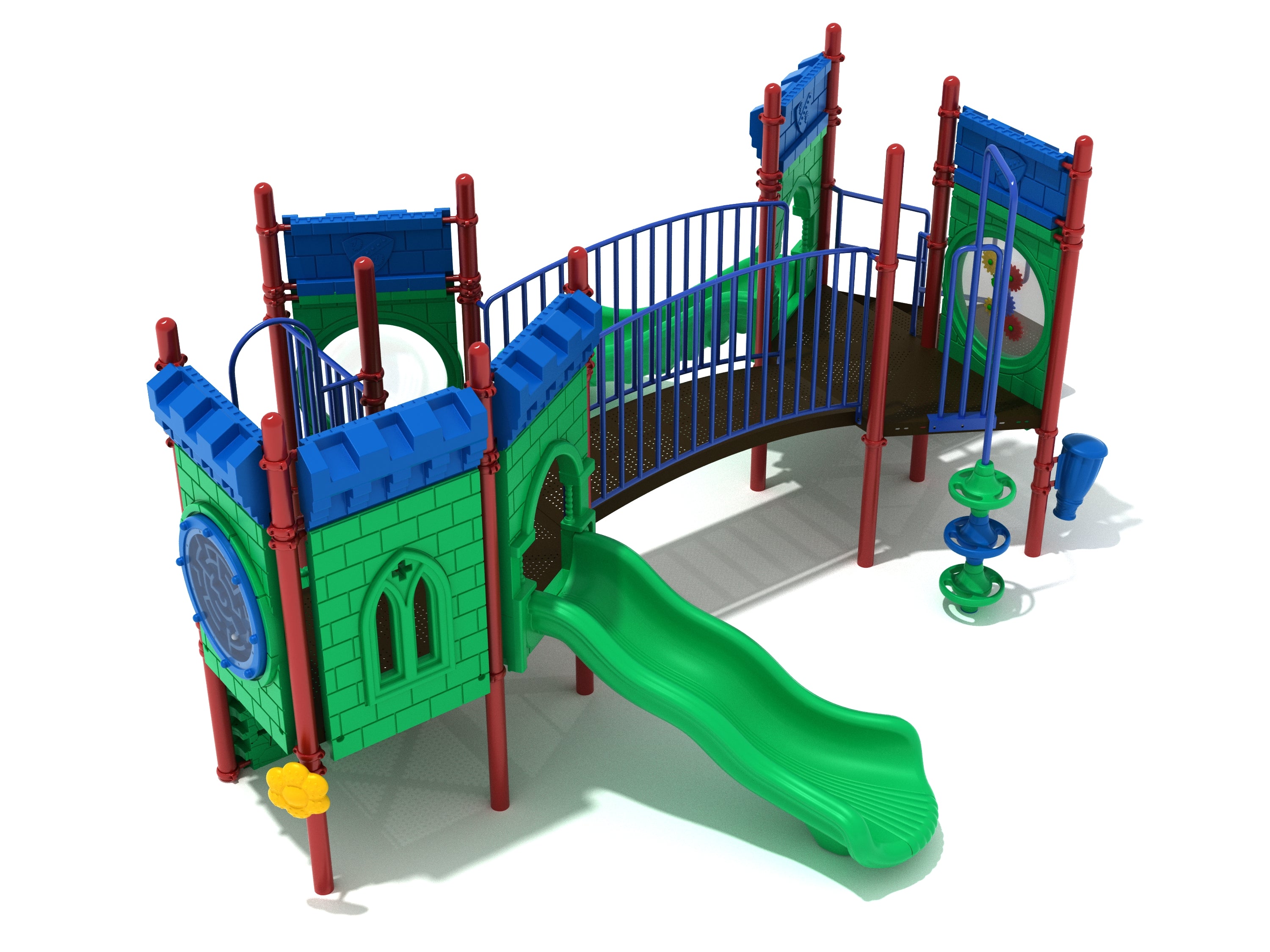 Franklin's Folly Playground with castle-themed green slide, blue rail bridge, interactive sensory panels, and play features