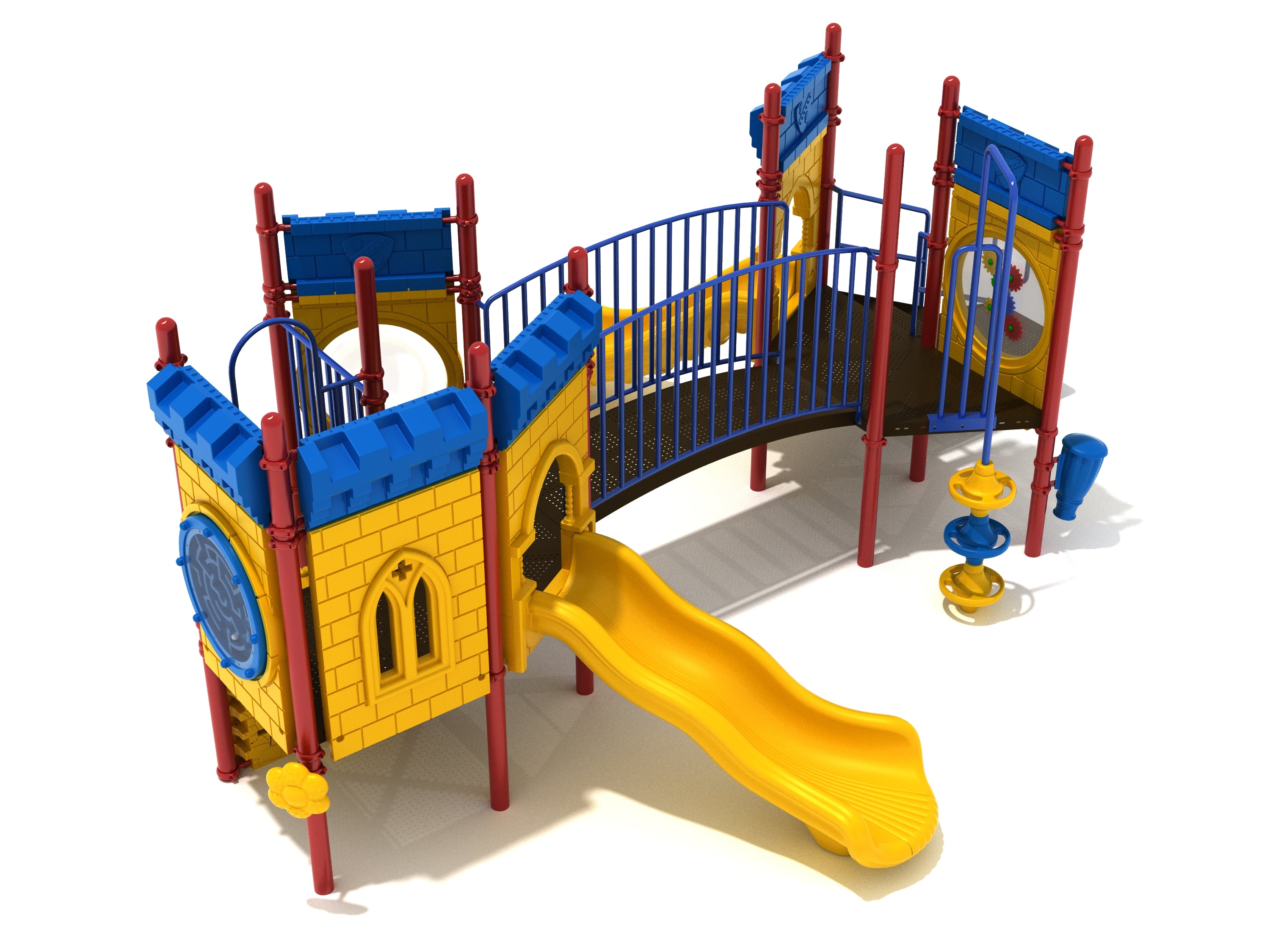 Castle-themed playground with yellow double slide, blue rail bridge, interactive panels, and red support posts