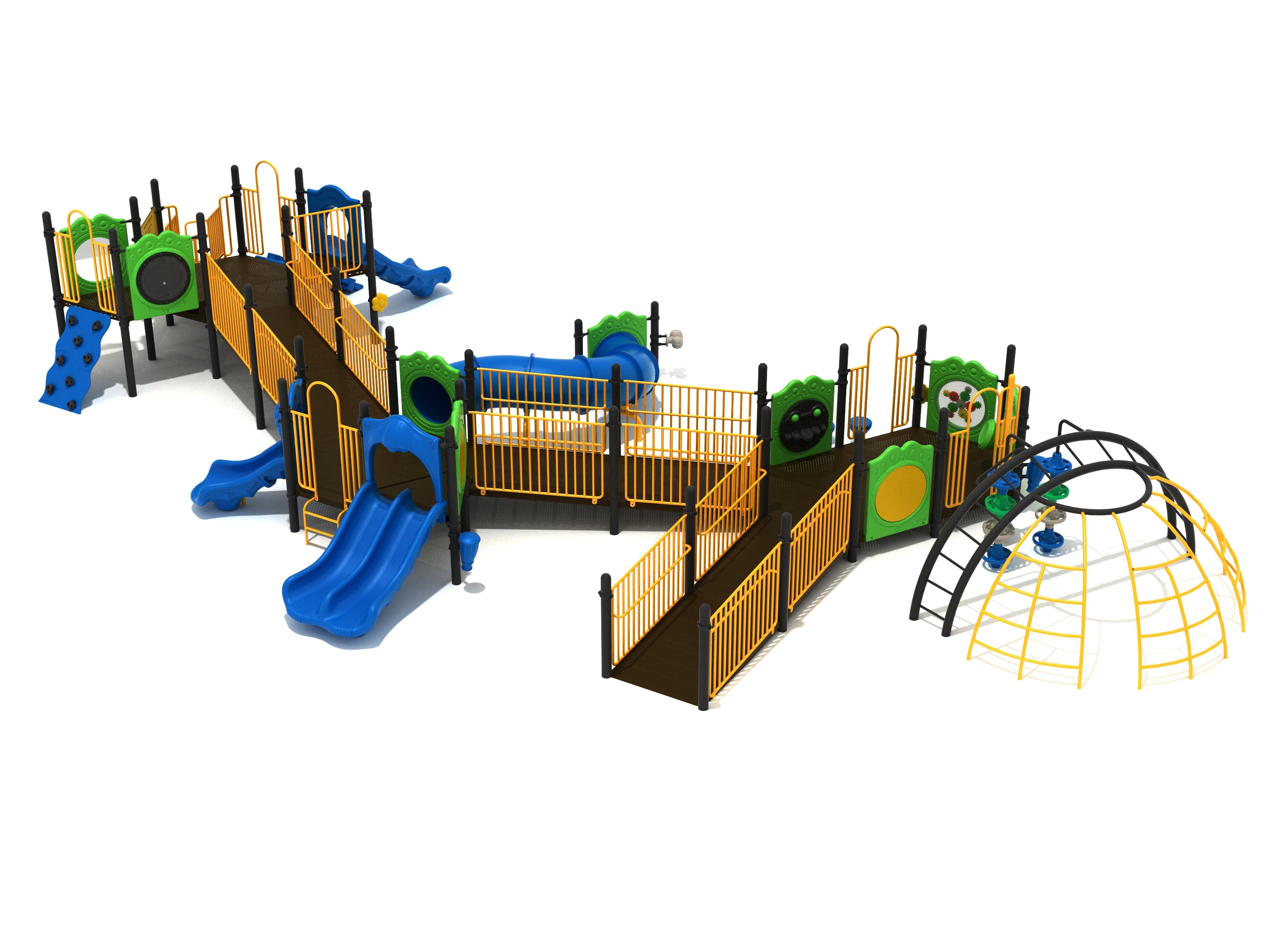 Wysteria Wilds Playground with bright blue slides, colorful climbing walls, ramps, and dome-shaped climbing structure for active outdoor play