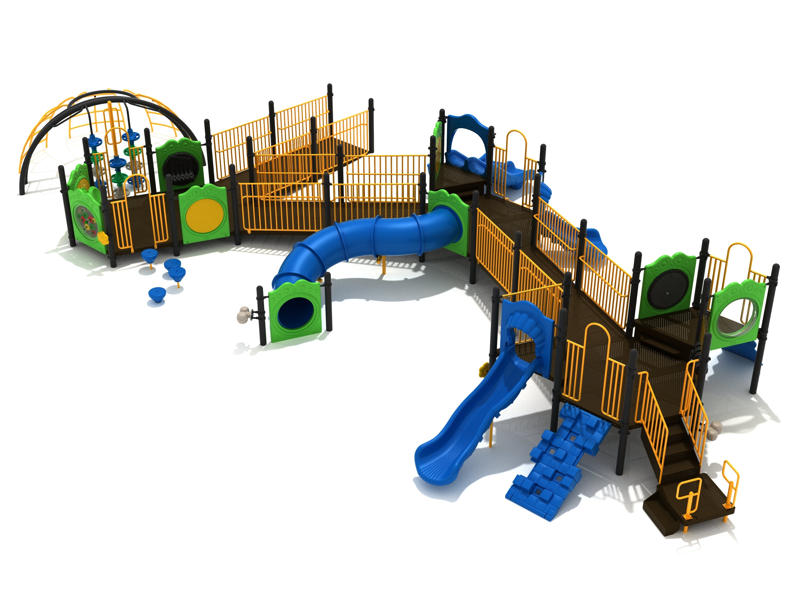 Colorful playground with blue slides, climbing walls, tunnels, and yellow safety railings viewed from an angled perspective.