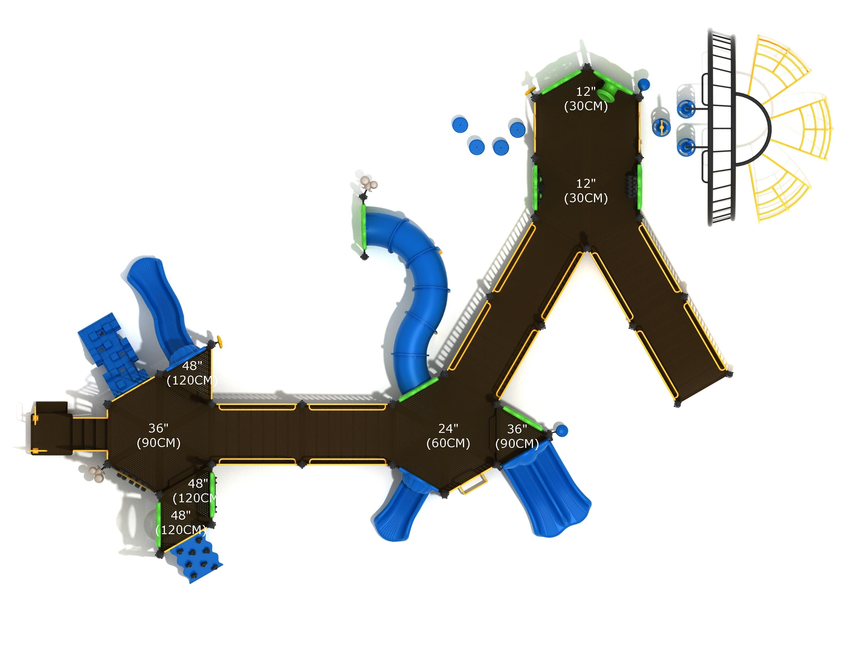 Overhead view of a large playground with multiple blue slides, climbing walls, and yellow climbing nets