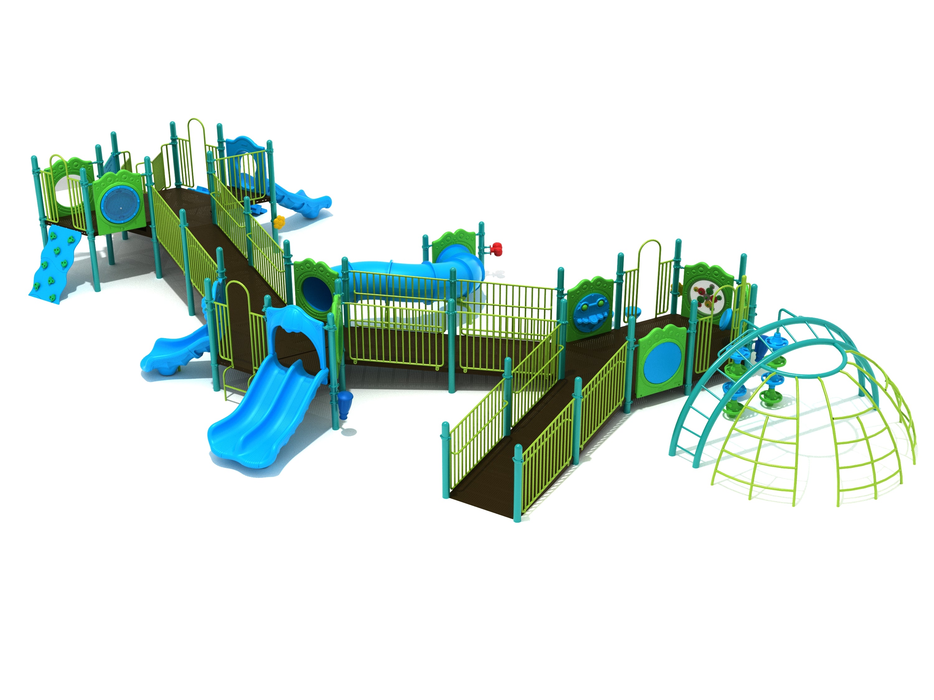 Colorful outdoor playground with blue slides, climbing walls, ramps, tunnels, and a dome-shaped climbing structure
