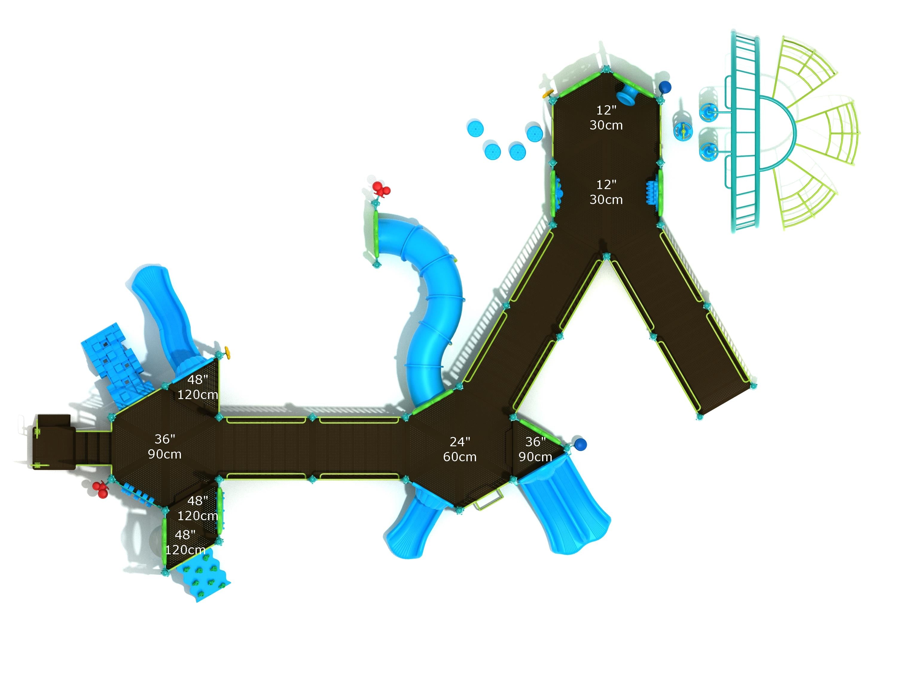 Overhead view of a colorful playground with multiple blue slides, climbing walls, and interconnected platforms