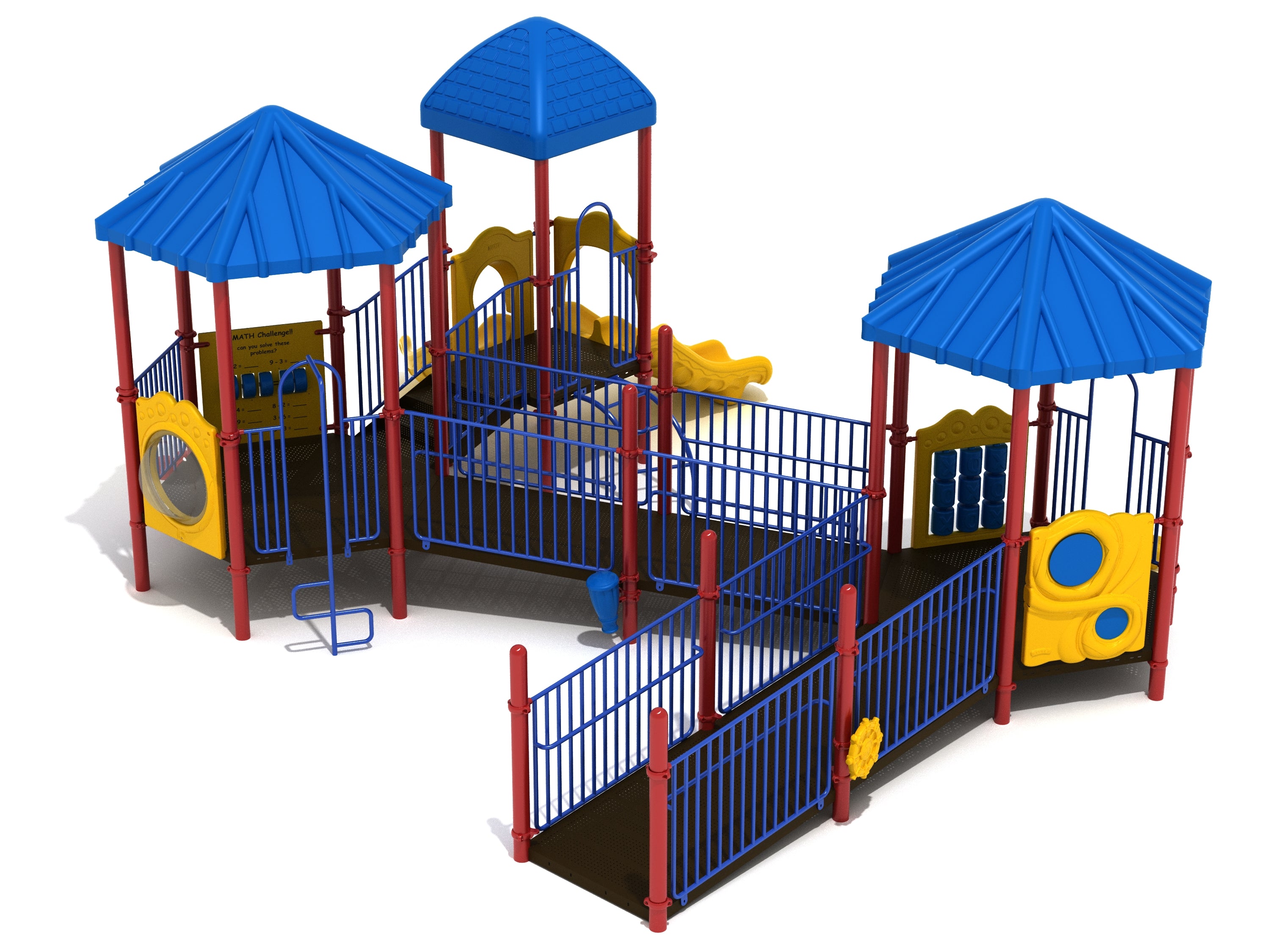 Colorful playground structure with blue roofs, red posts, yellow panels, slides, climbing ladders, and interactive play features