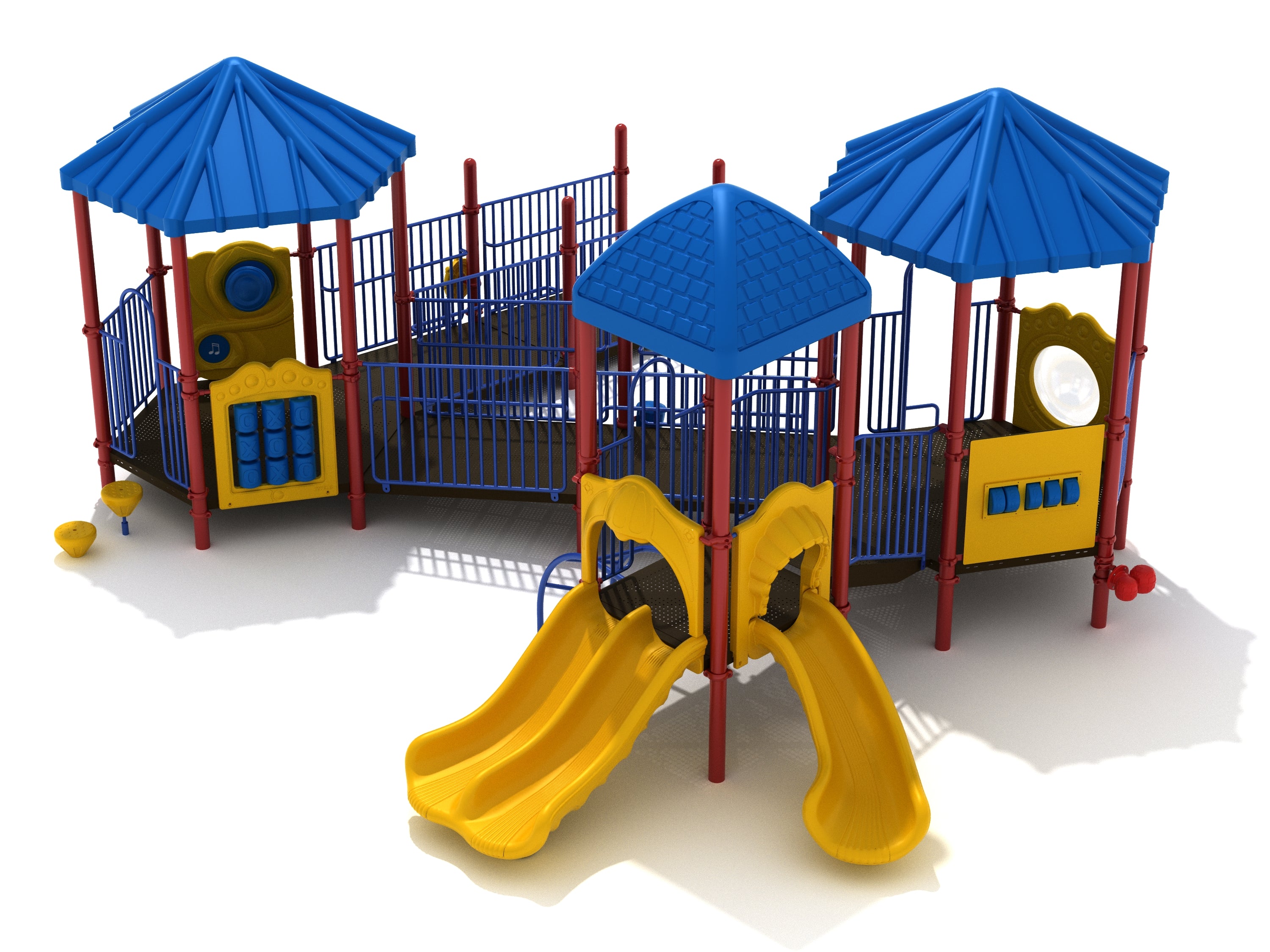 Colorful playground structure with blue roofs, yellow slides, climbing ladders, and interactive play panels