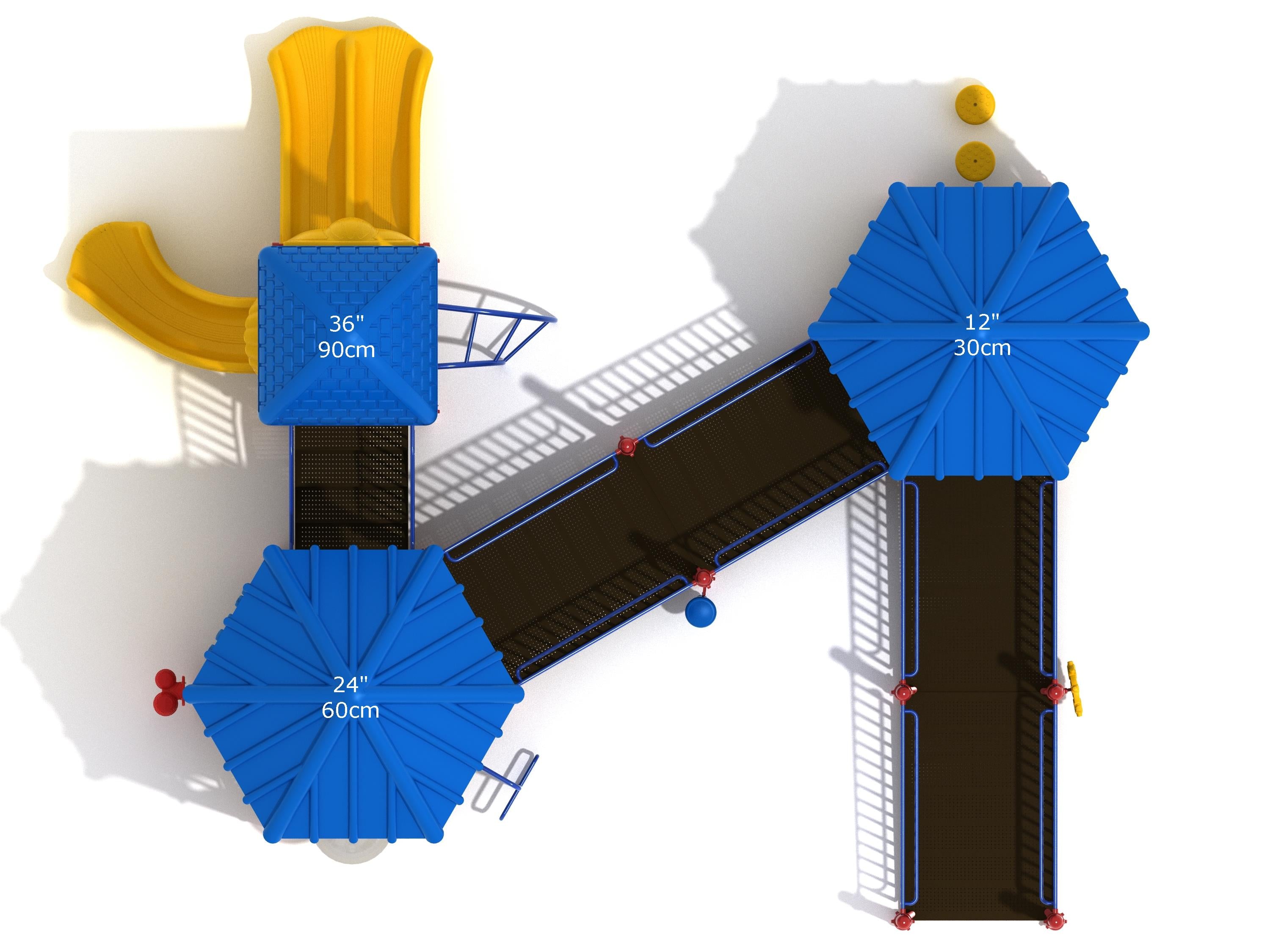 Overhead view of colorful playground with blue roofs, yellow slides, climbing ladders, and connecting walkways