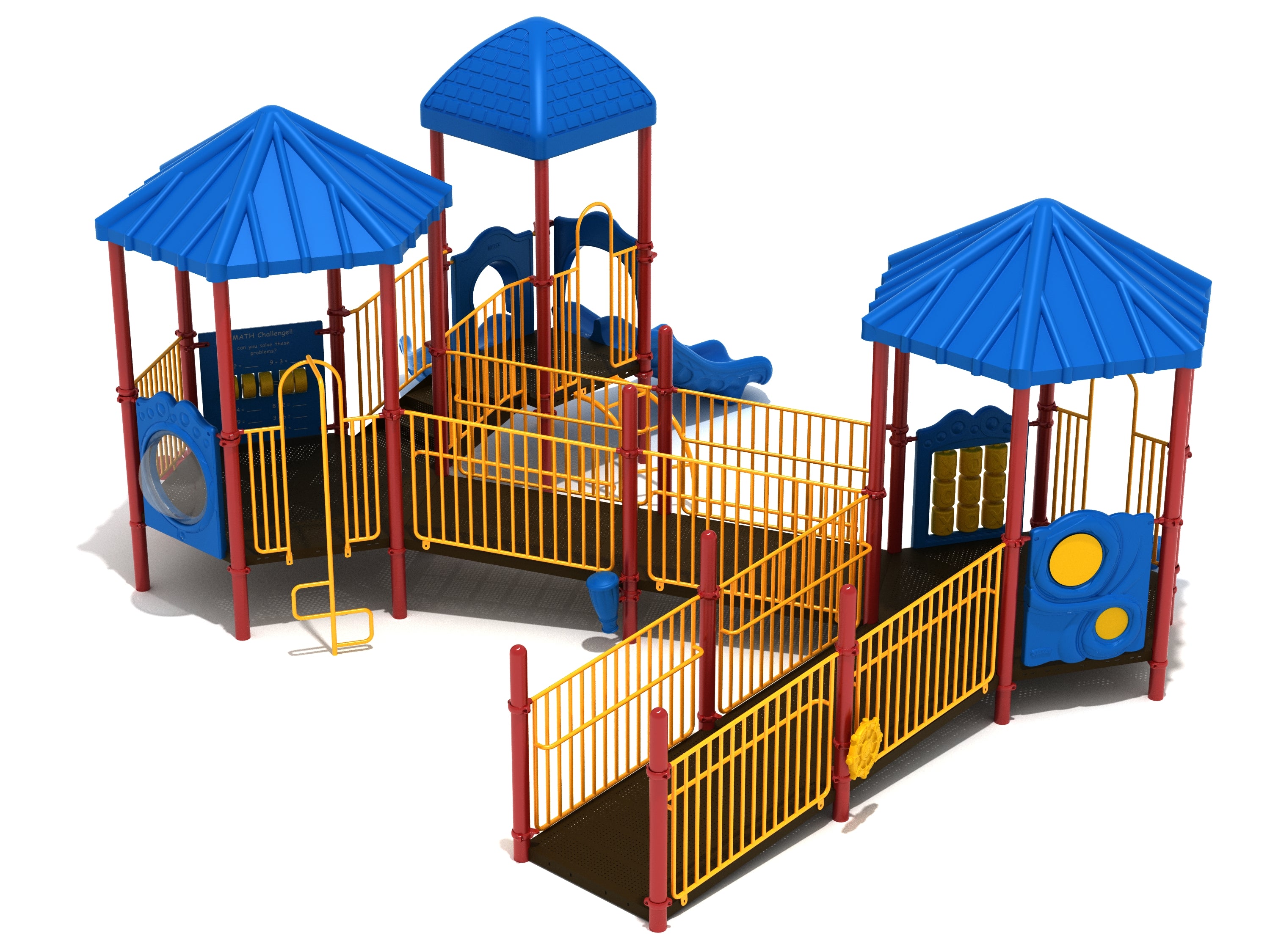Gretna Greens Playground with blue roofs, yellow railings, slides, climbing ladders, and interactive play panels