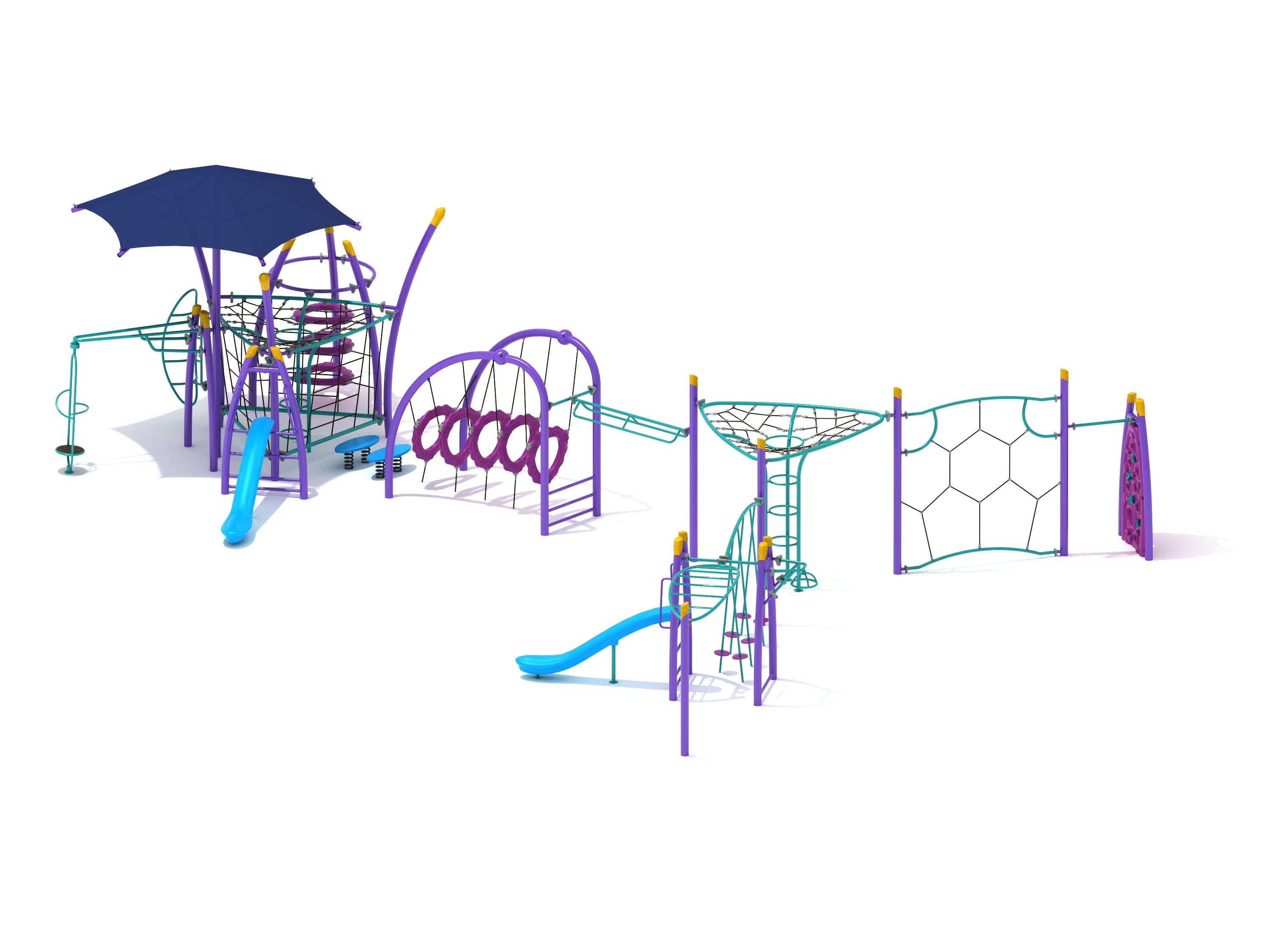 Saulsbury Fitness Course Playground with purple and teal climbing structures, slides, tunnels, and shaded play area