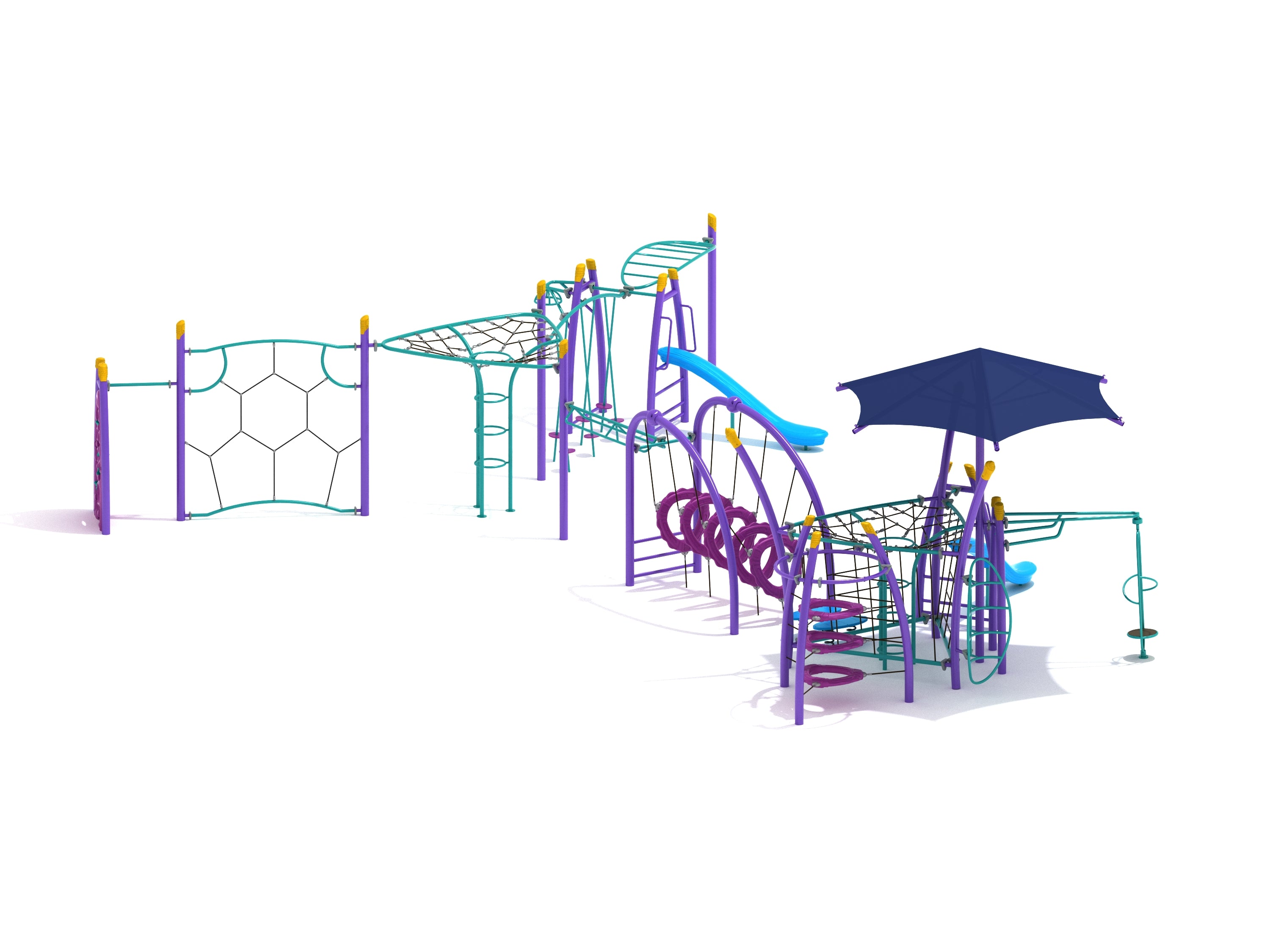 Colorful outdoor fitness playground with climbing nets, slides, overhead rings, and shaded play structures