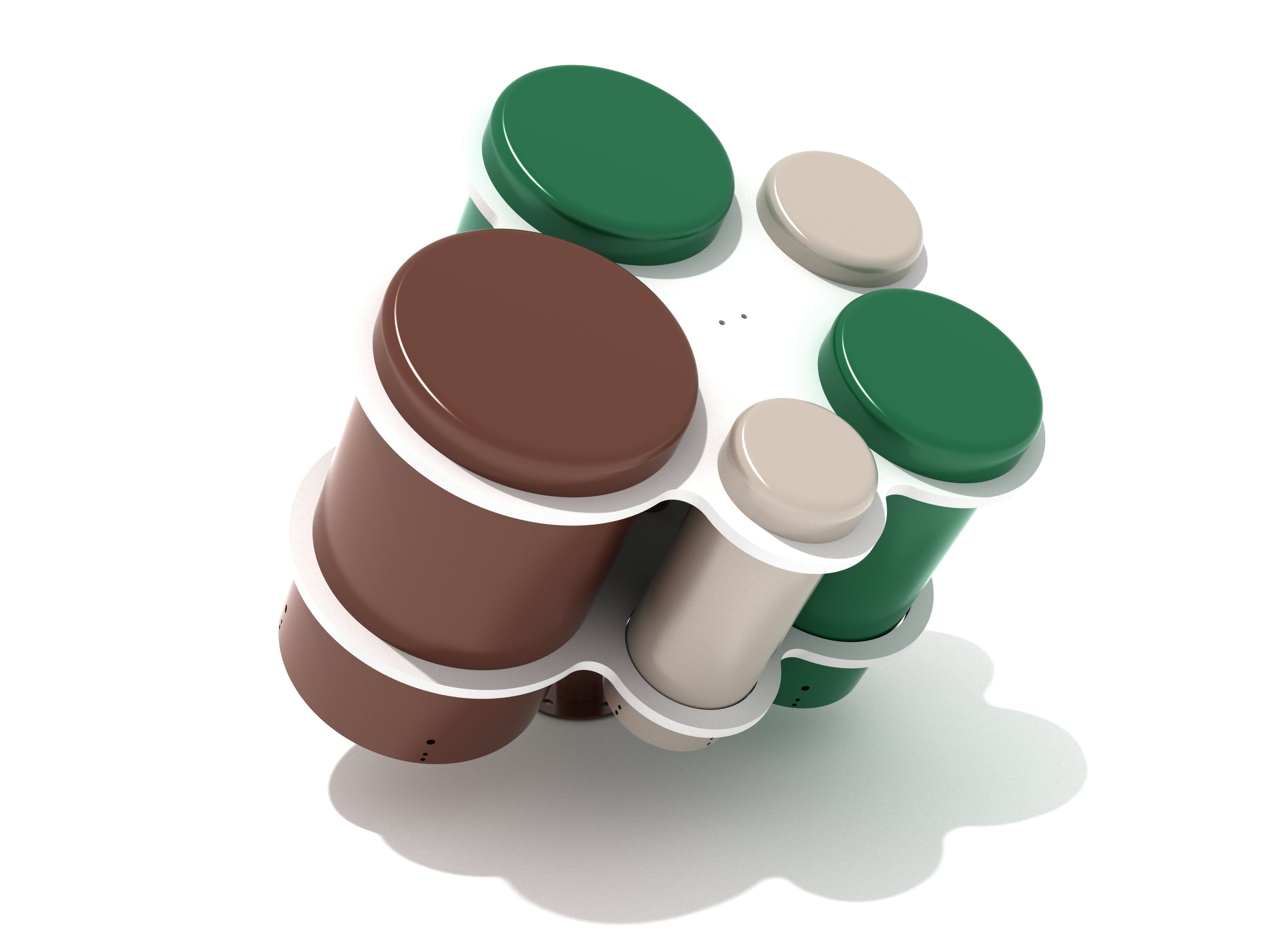 Cluster of colorful hexagonal hand drums in green, brown, and beige arranged in a honeycomb-shaped frame, angled view