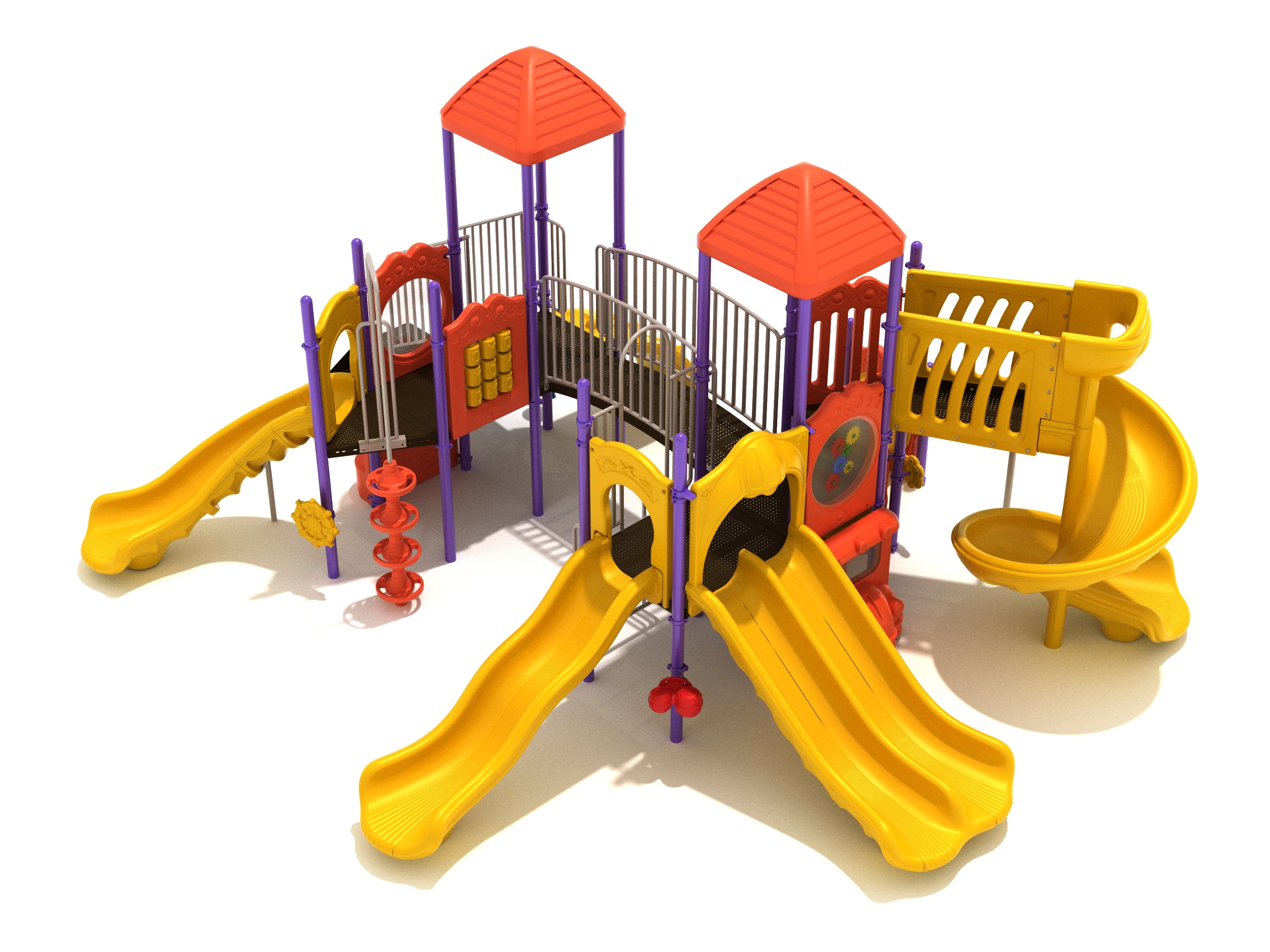 Commercial playground system with wave, double, right-turn, and spiral slides, plus climbers and activity panels.