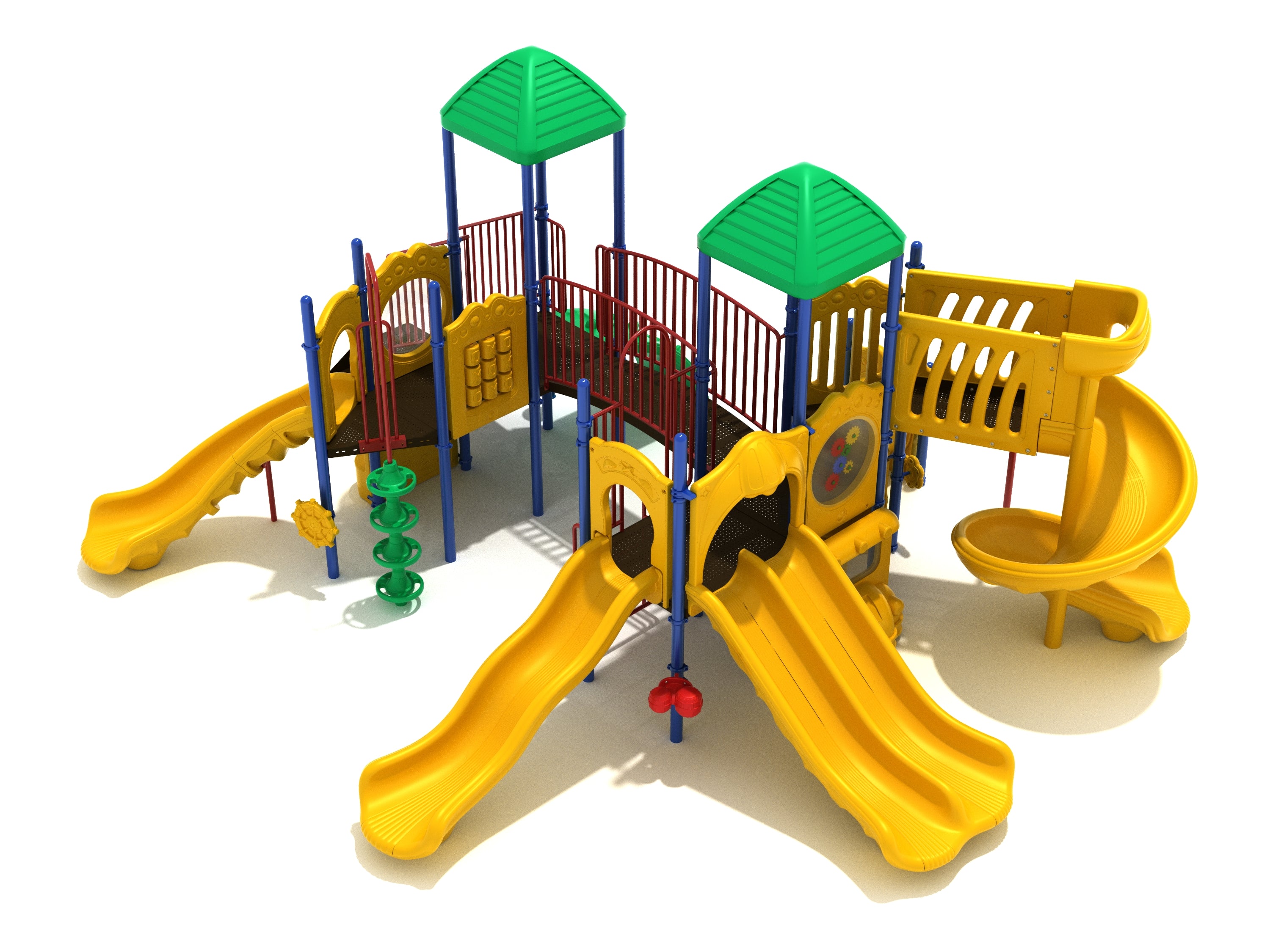 Commercial playground with spiral, double and wave slides, climbers, bridge, green-roof towers; bright yellow play structure