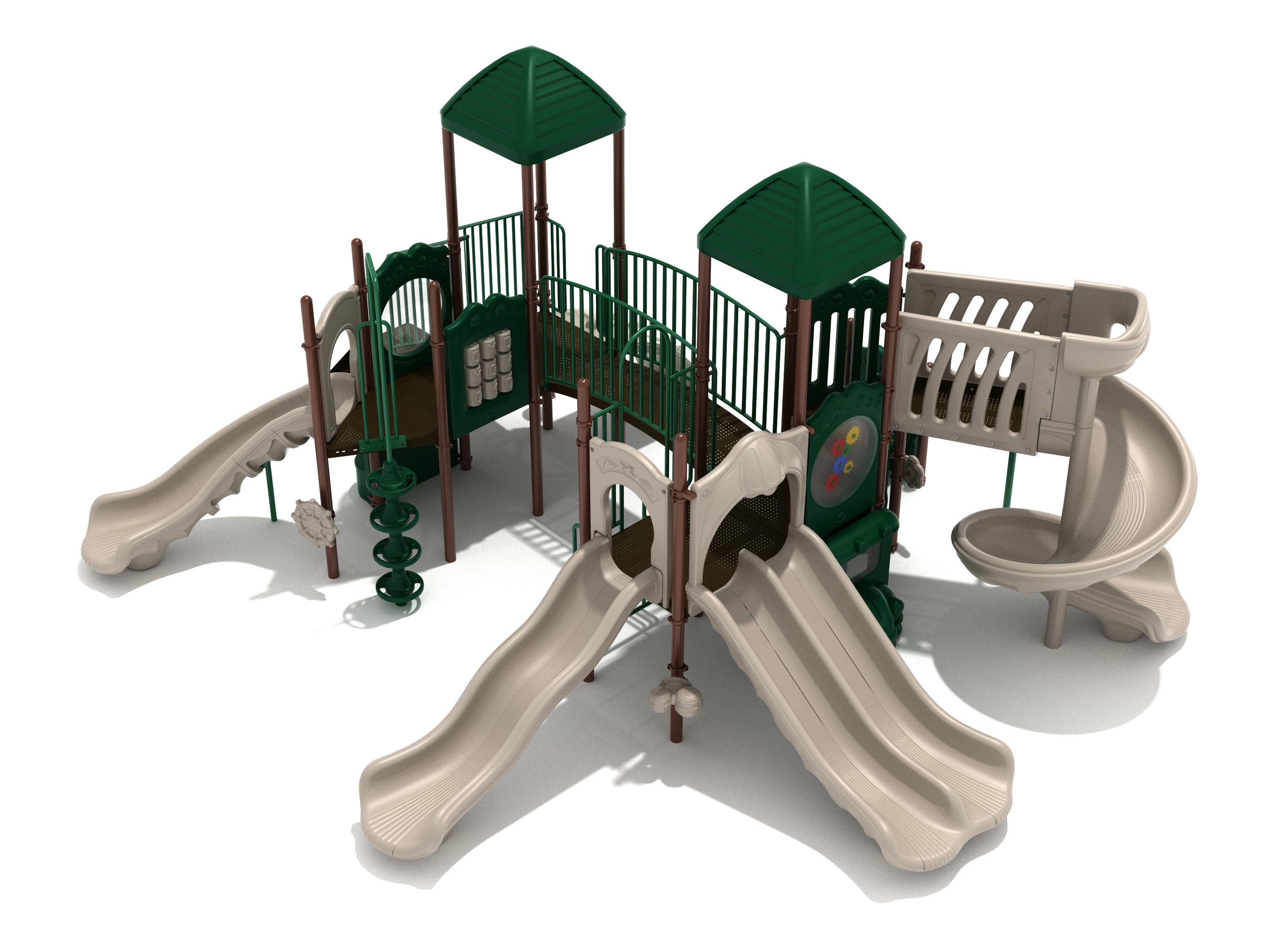 Honolulu Playground with multiple beige slides, green roofs, climbers, and activity panels on natural surface