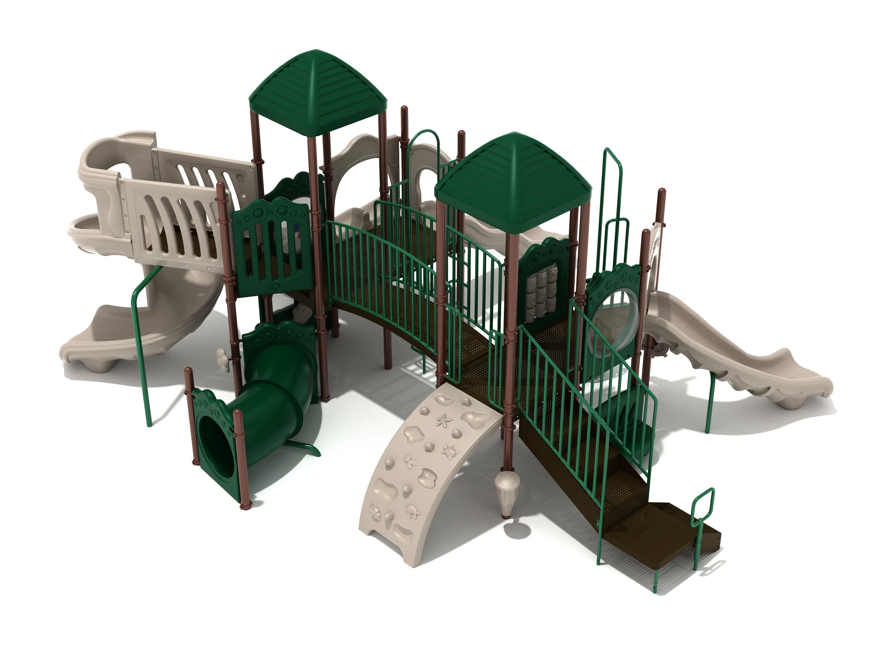 Green and tan commercial play structure with wave, double, right-turn slides, tube tunnel, arch climber, and two canopies.