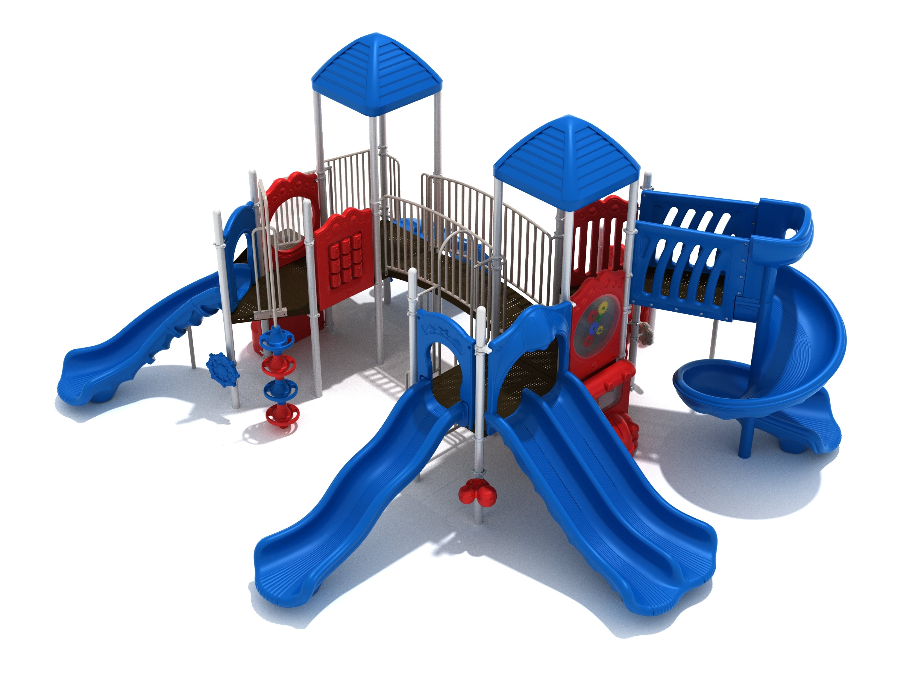 Overhead view of red and blue commercial playground system with double, wave and spiral slides, bridges, and pod climbers