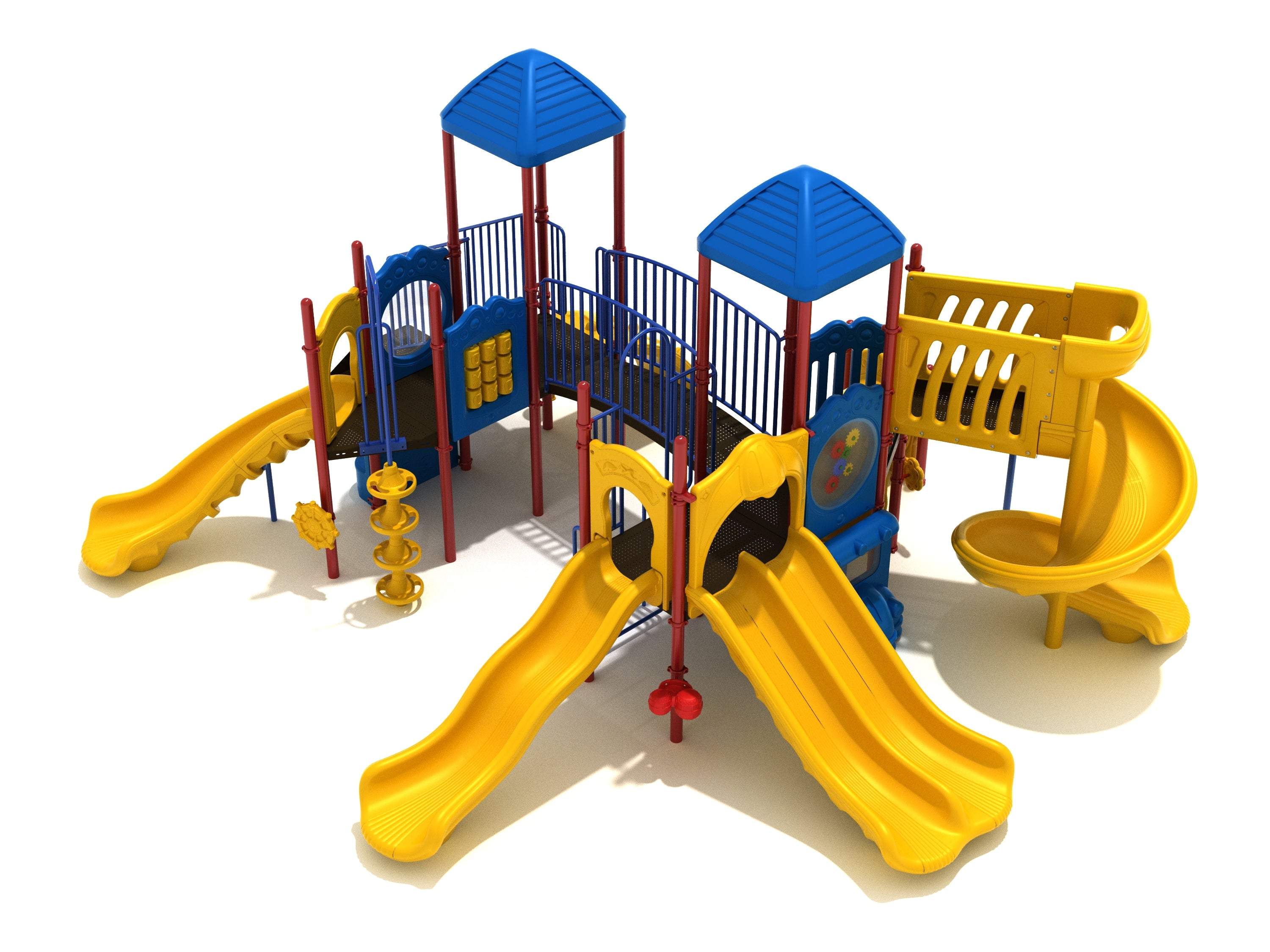 Outdoor commercial playground system with blue roofs, yellow wave, double and spiral slides, climbers, and activity panels