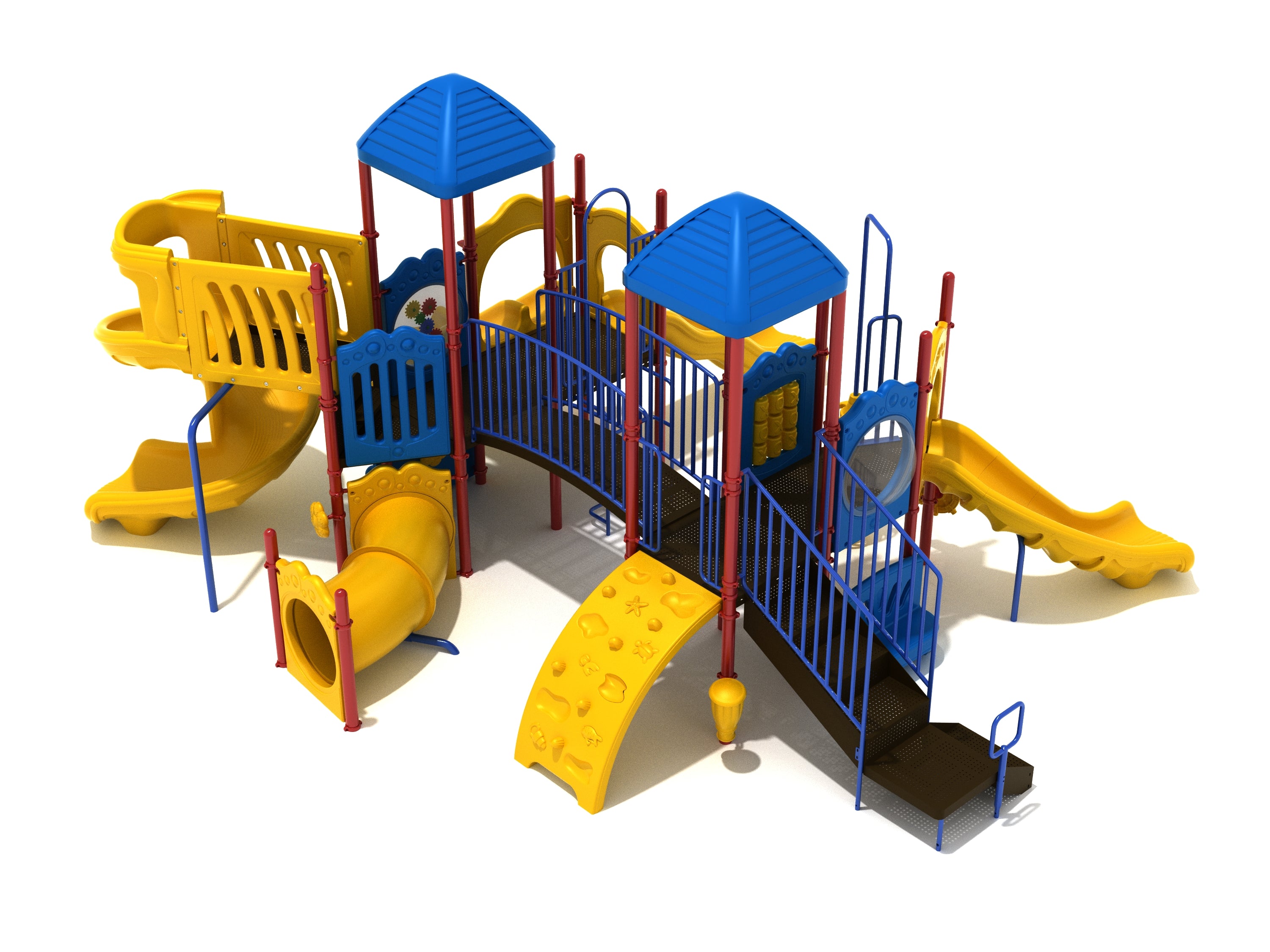 Commercial playground with yellow and blue spiral and wave slides, crawl tube, arched bridge, and climbers