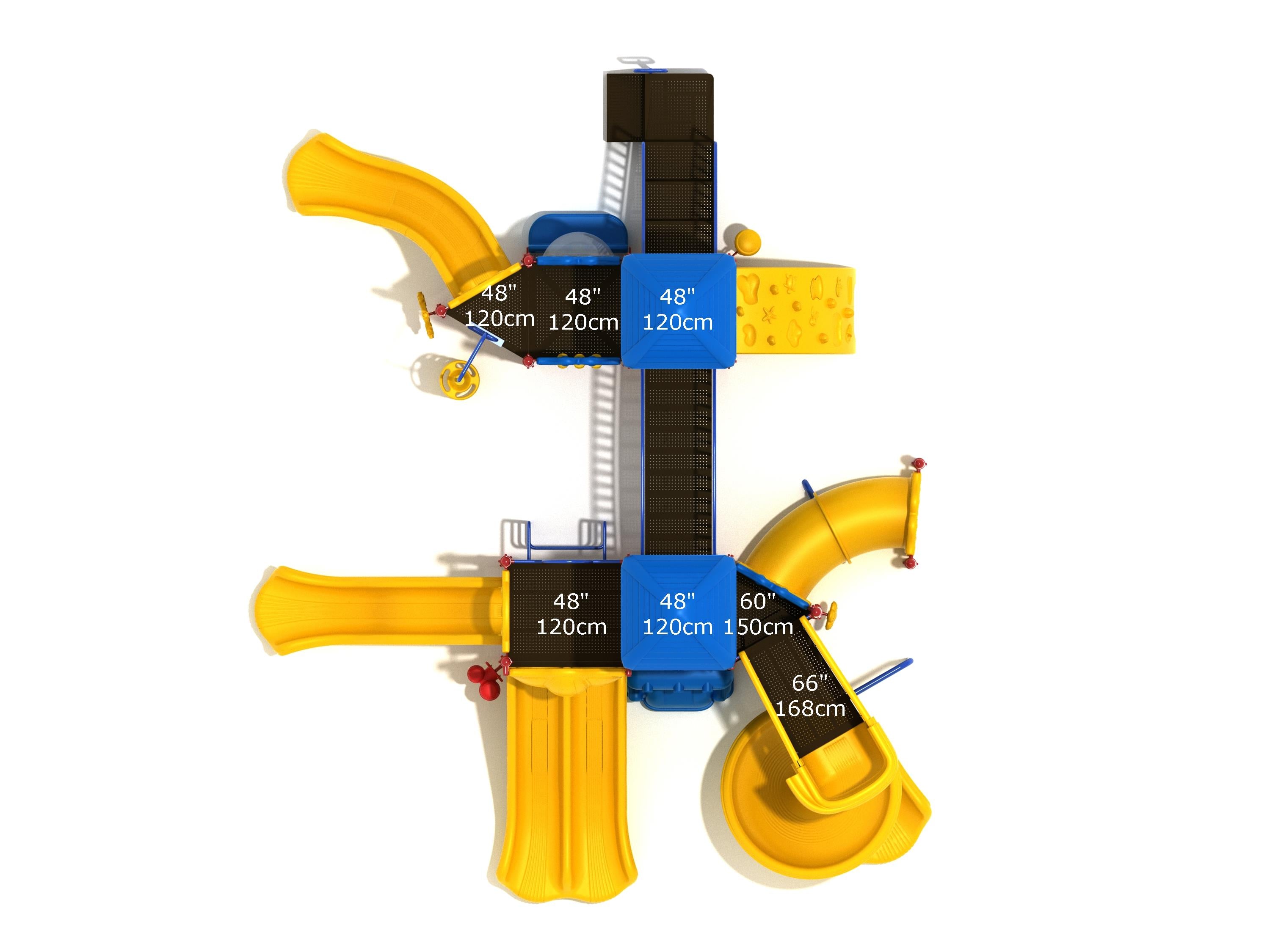 Aerial view of commercial play system with wave, double, right-turn and spiral slides, climbers, and labeled deck heights.