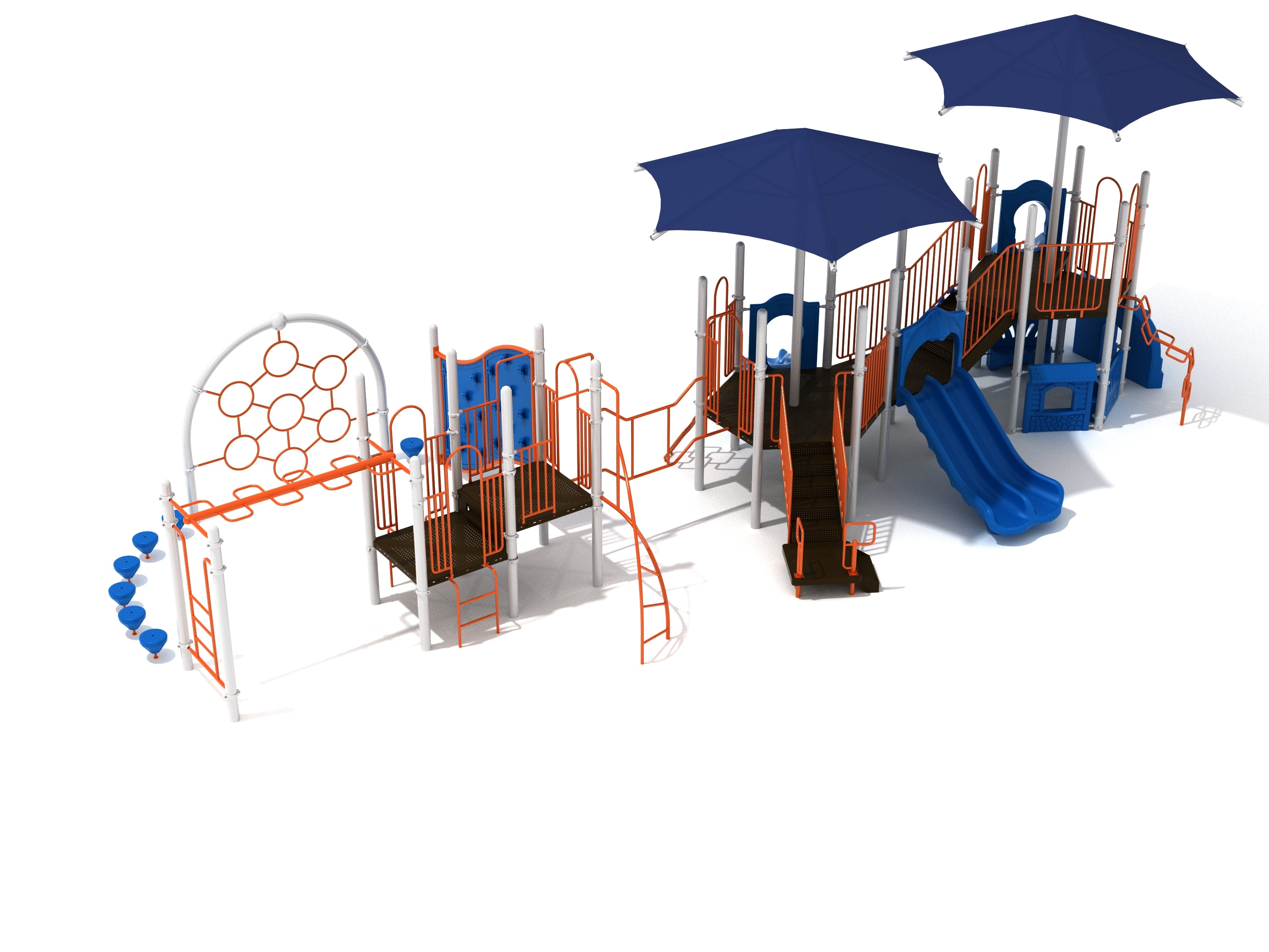Elevated playground structure with blue double slide, orange climbing frames, shaded decks, and interactive play panels