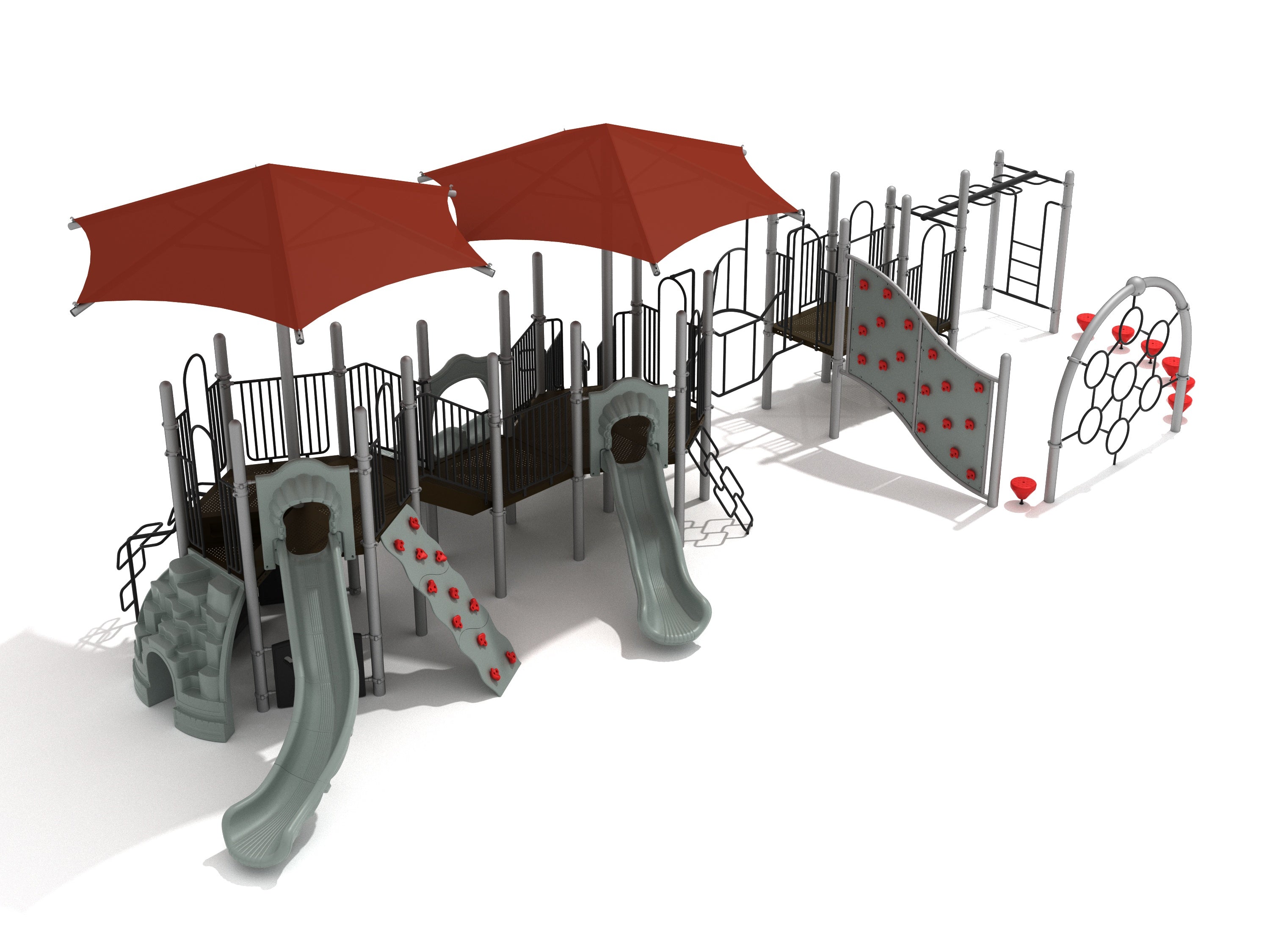 Playground structure with multiple slides, climbing walls, monkey bars, and red shade canopies for active children's play.