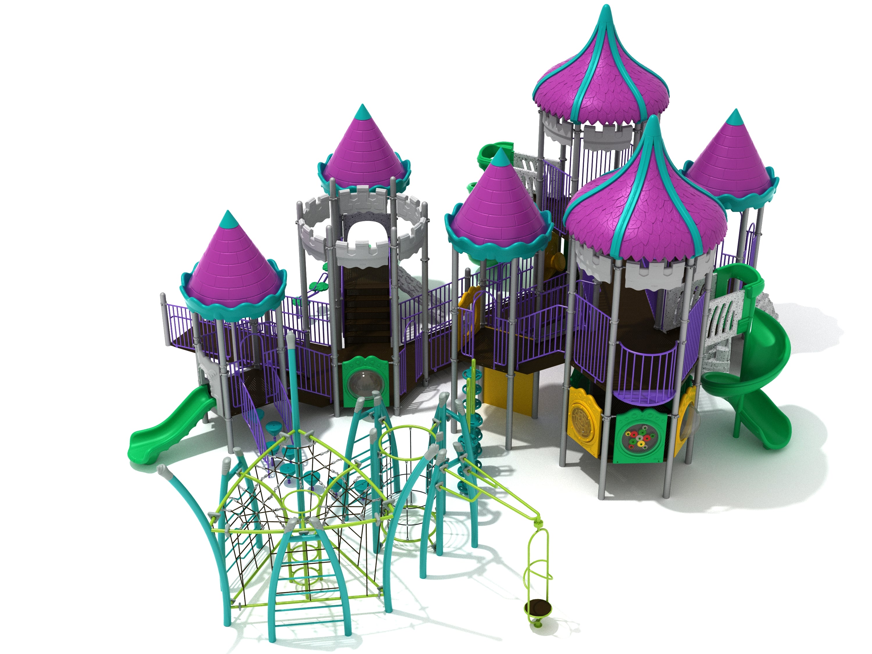 Medieval-themed playground with purple castle roofs, green slides, climbing nets, rope structures, and rock climbers.