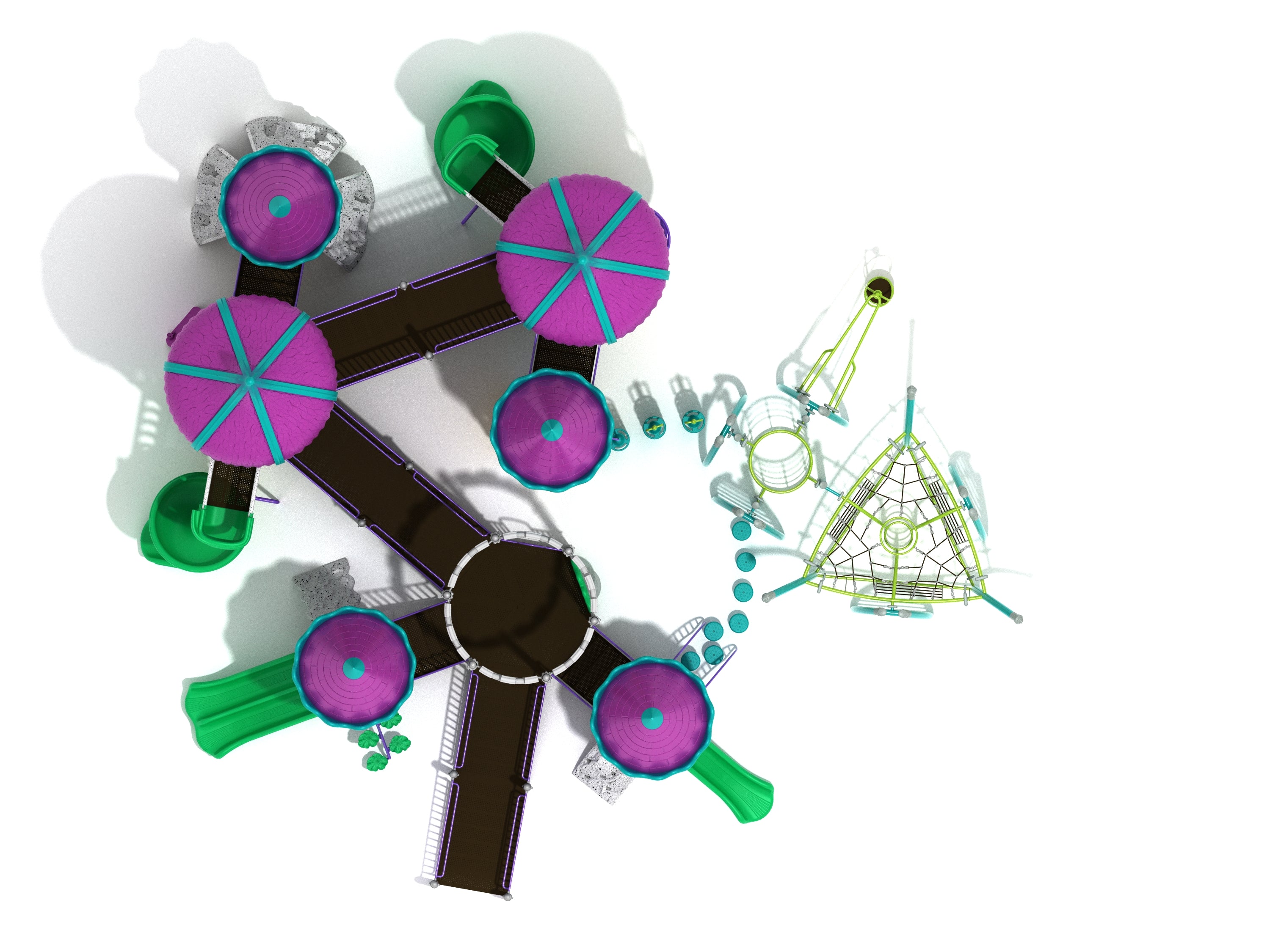 Overhead view of colorful playground with purple castle roofs, green slides, rope climbers, and connecting bridges