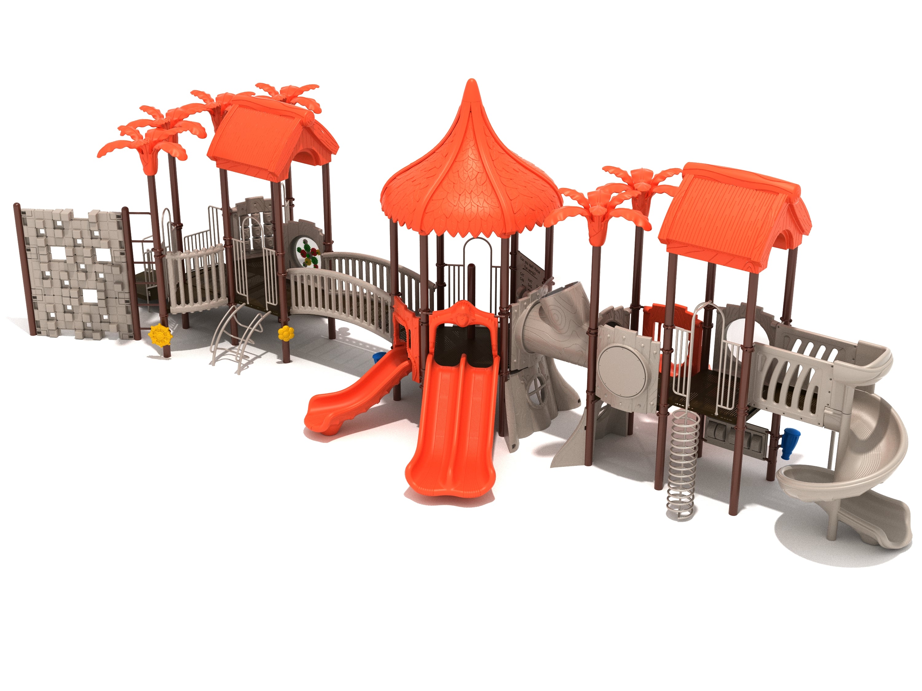 Howler Hideaway Playground tropical outdoor play system with twin slides, tube slide, rock wall, spiral climber, and interactive play panels