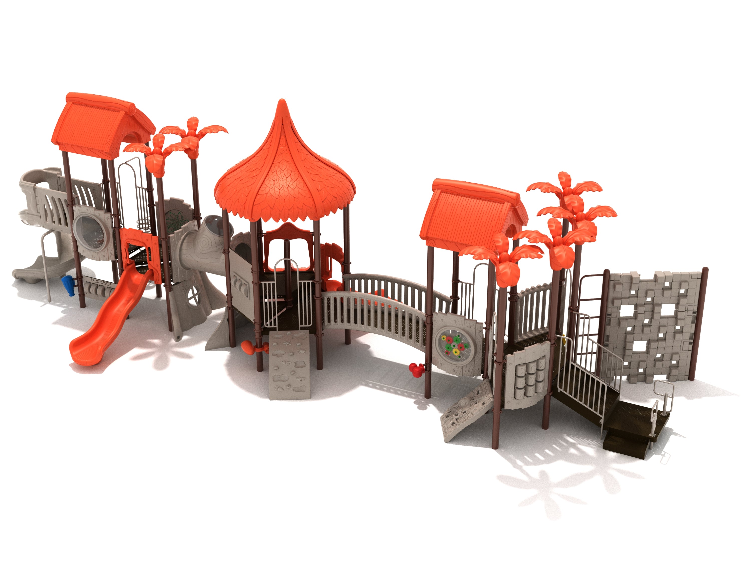 Outdoor playground structure with orange roofs, slides, climbing walls, bridges, and palm tree decorations