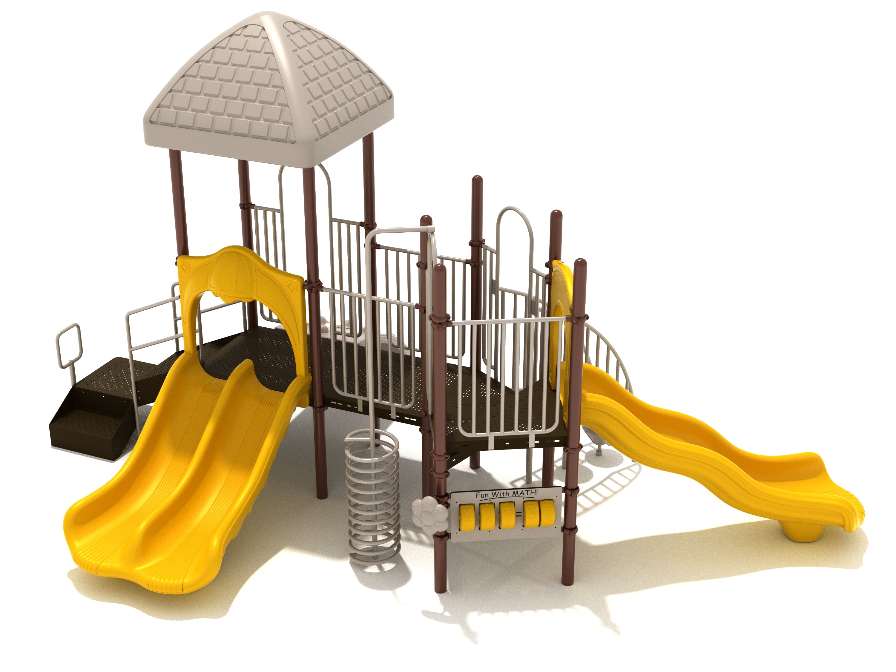 Panama City Playground with yellow double and wave slides, brown platforms, spiral climber, and math panel in outdoor play area