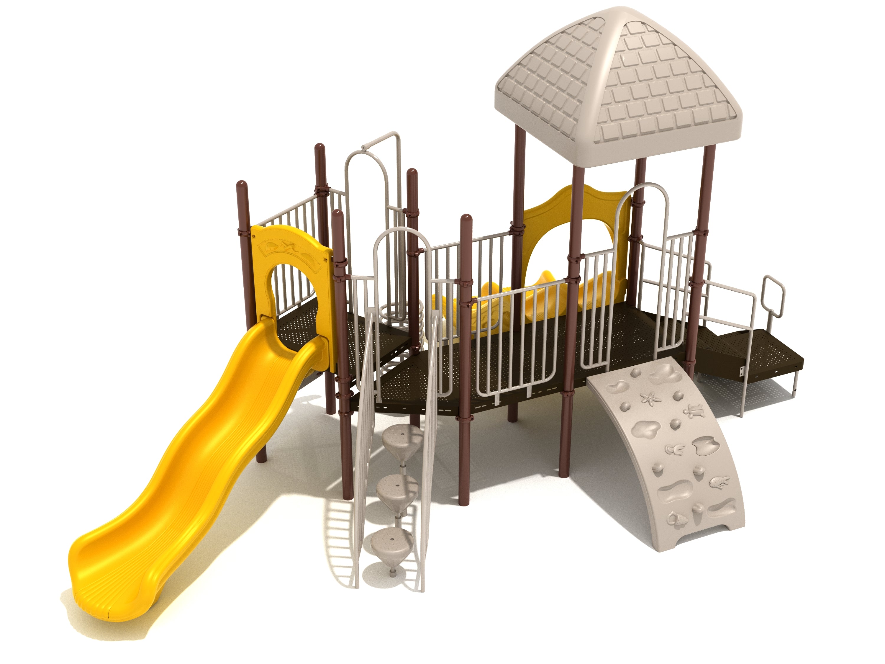 Playground structure with yellow double slide, beige climbing wall with nautical shapes, spiral climber, and shaded platform