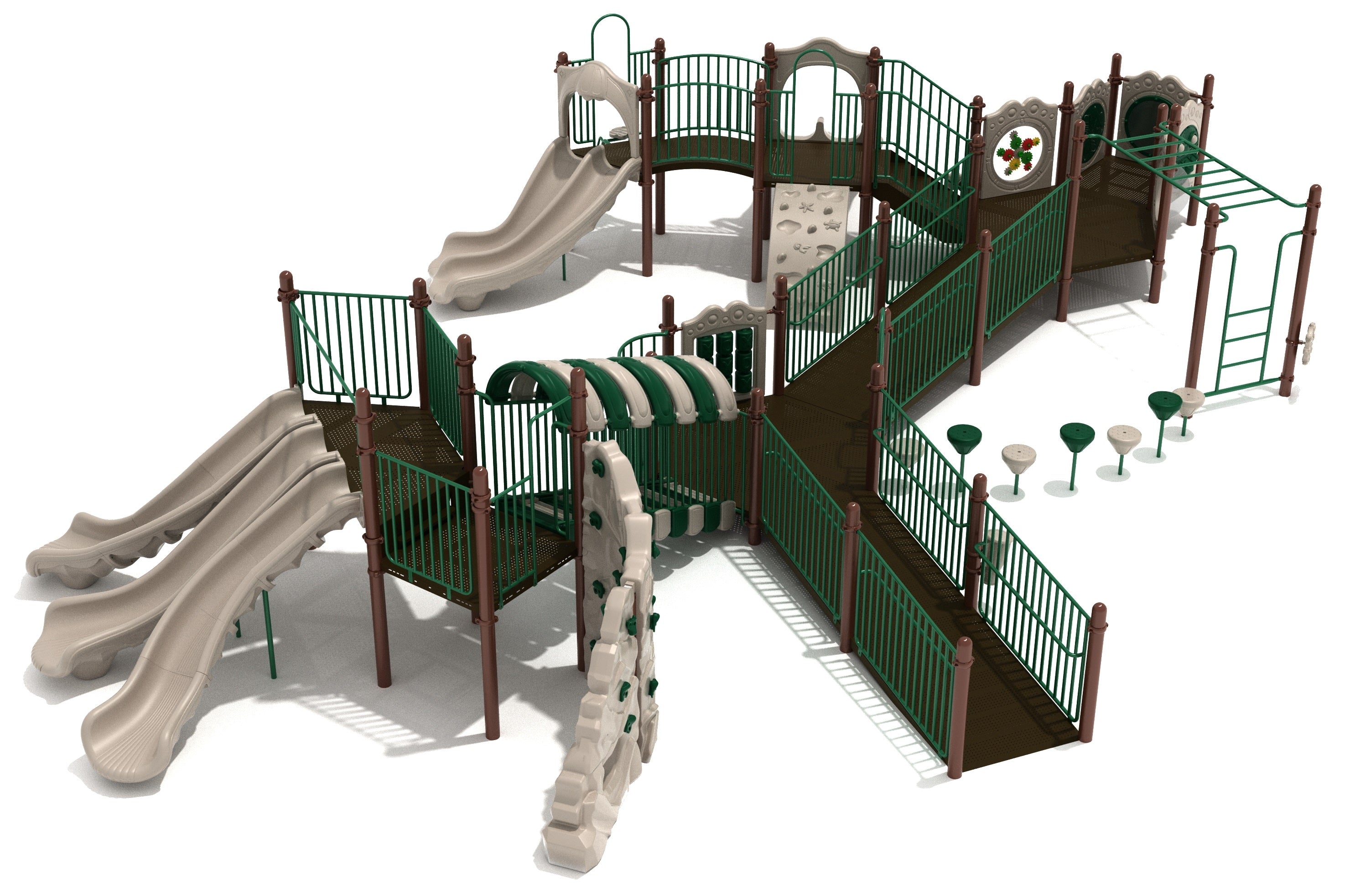 Noble Notch Playground with green and tan triple slides, accessible ramps, rock wall, tunnel, and monkey bars in an outdoor play area