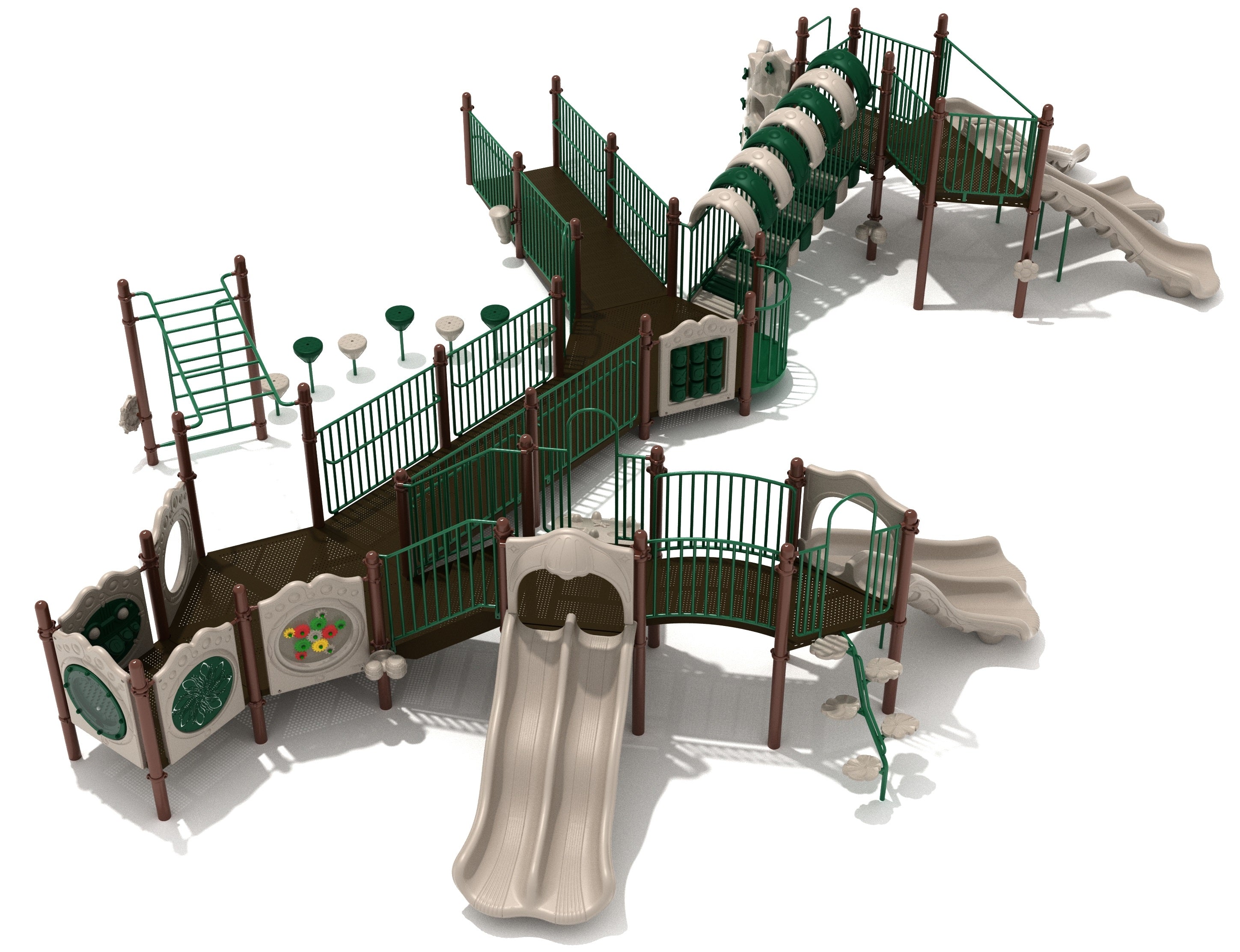 Large playground structure with green railings, beige slides, climbing features, and interactive panels for active outdoor play
