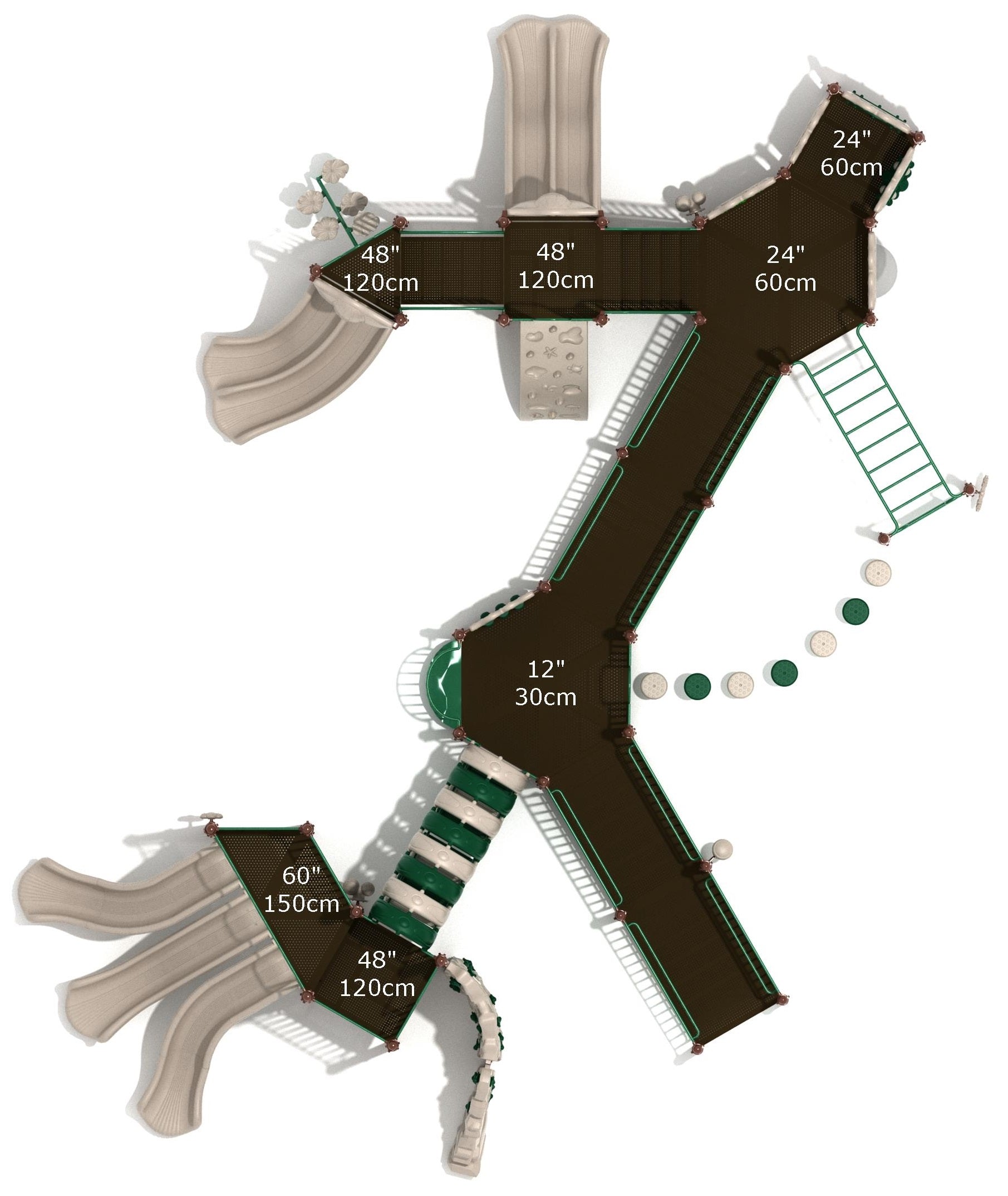 Overhead view of a large playground structure with multiple slides, climbing ladders, and stepping pods in neutral and green tones